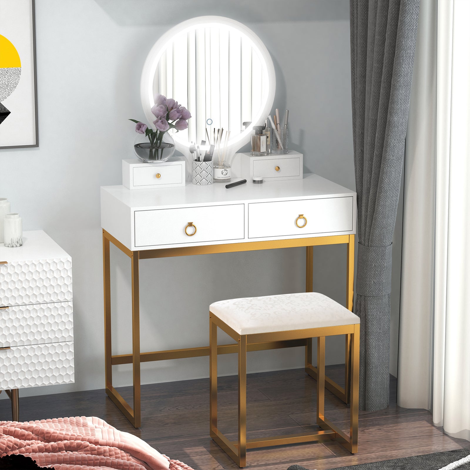 HOMCOM Dressing Table Set Vanity Desk With Led Mirror & Stool