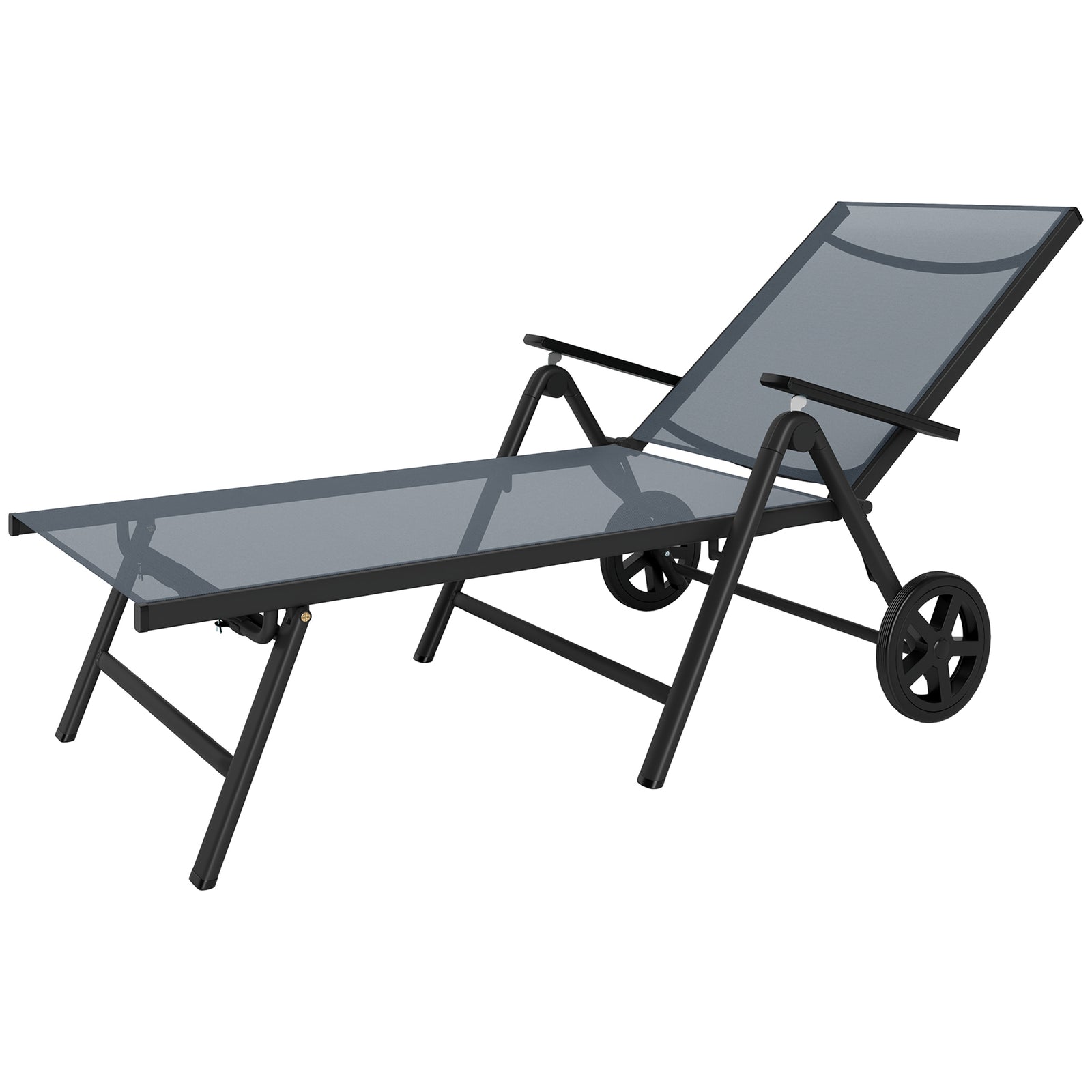 Folding Sun Lounger W/ Wheels, 5-position Adjustable Sunbed
