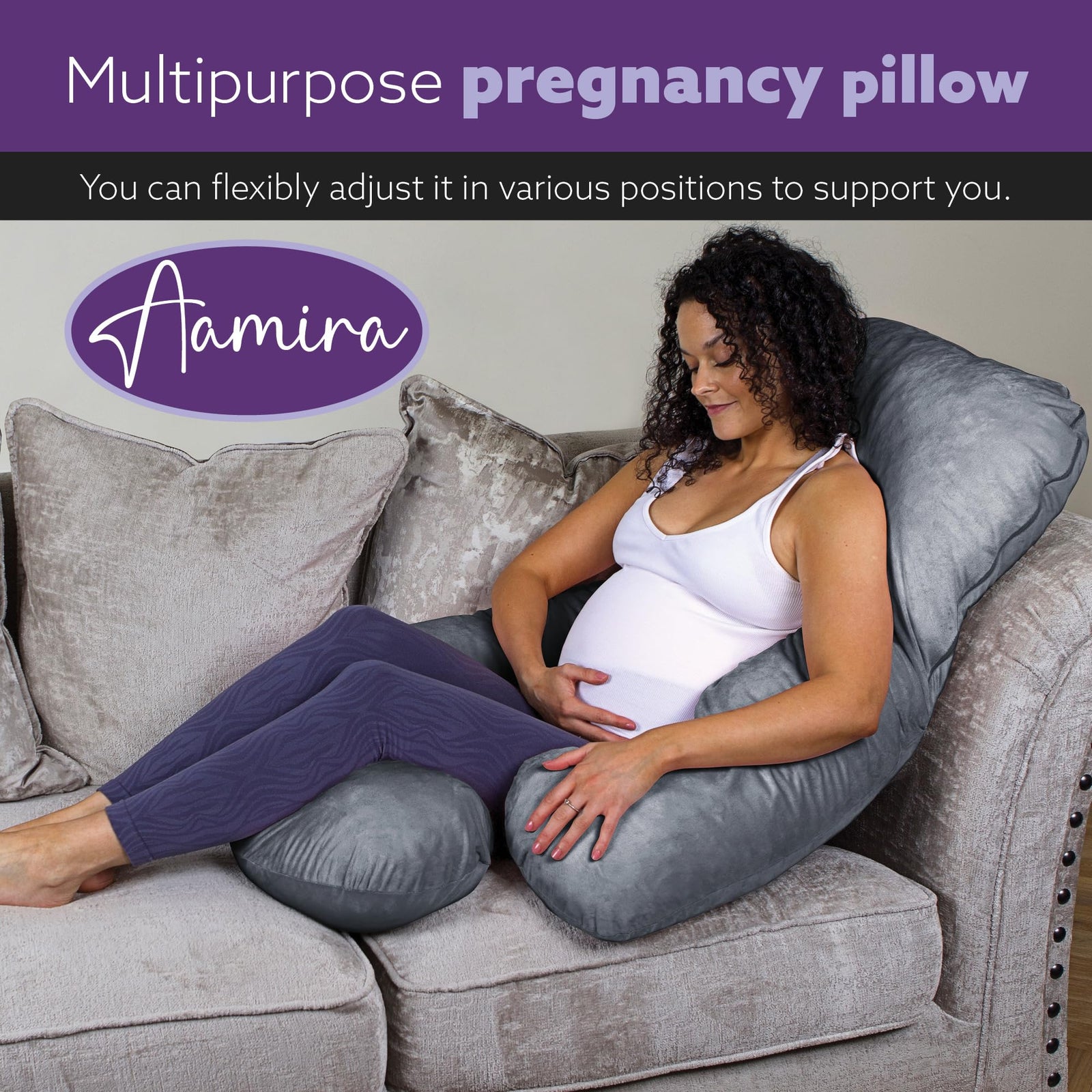 J Shaped Pregnancy Pillow, 140x70x20cm Shredded Memory Foam Full Body Maternity Cushion For Sleeping | J Shape | Dark Grey