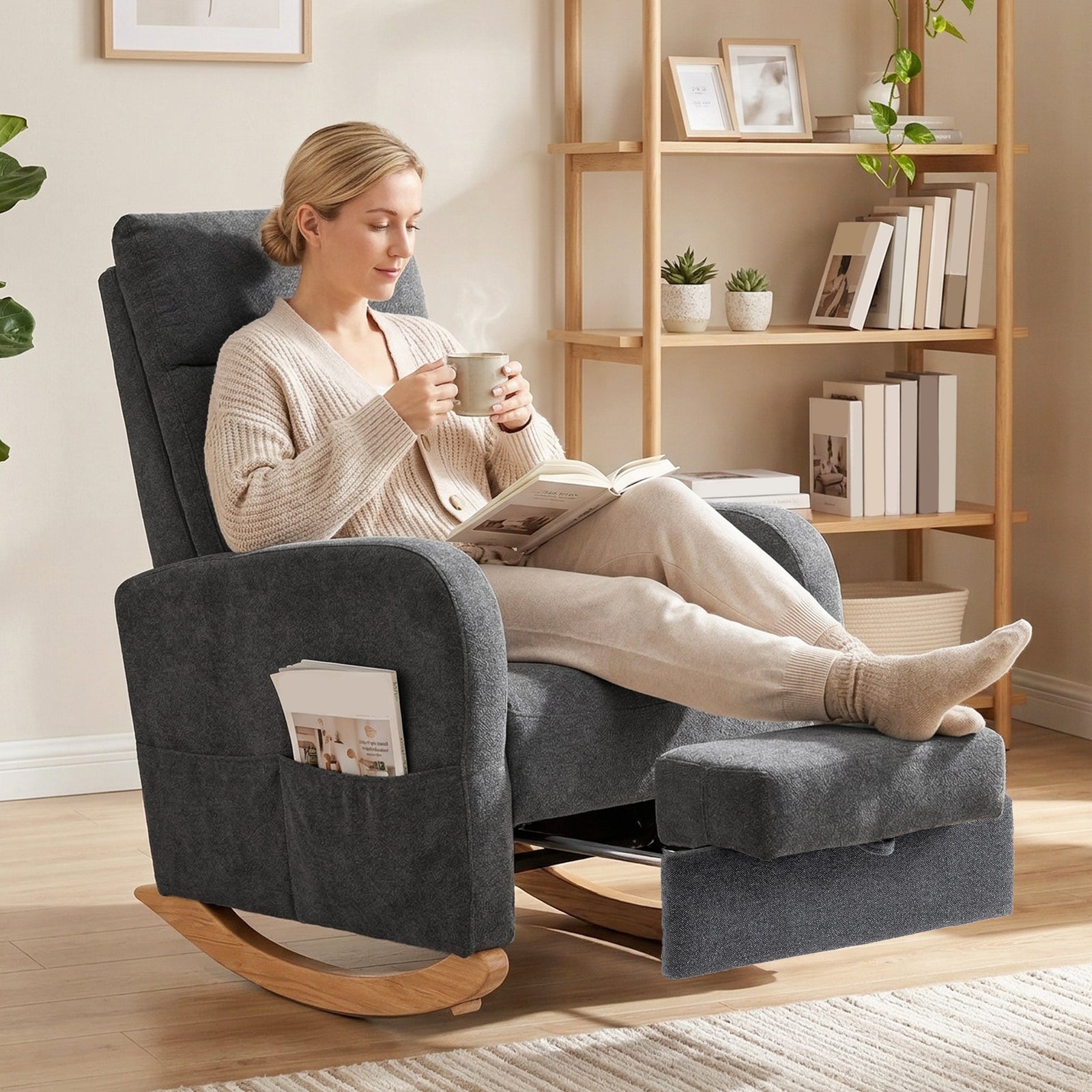 HOMCOM Upholstered Rocking Chair With Retractable Footrest Grey