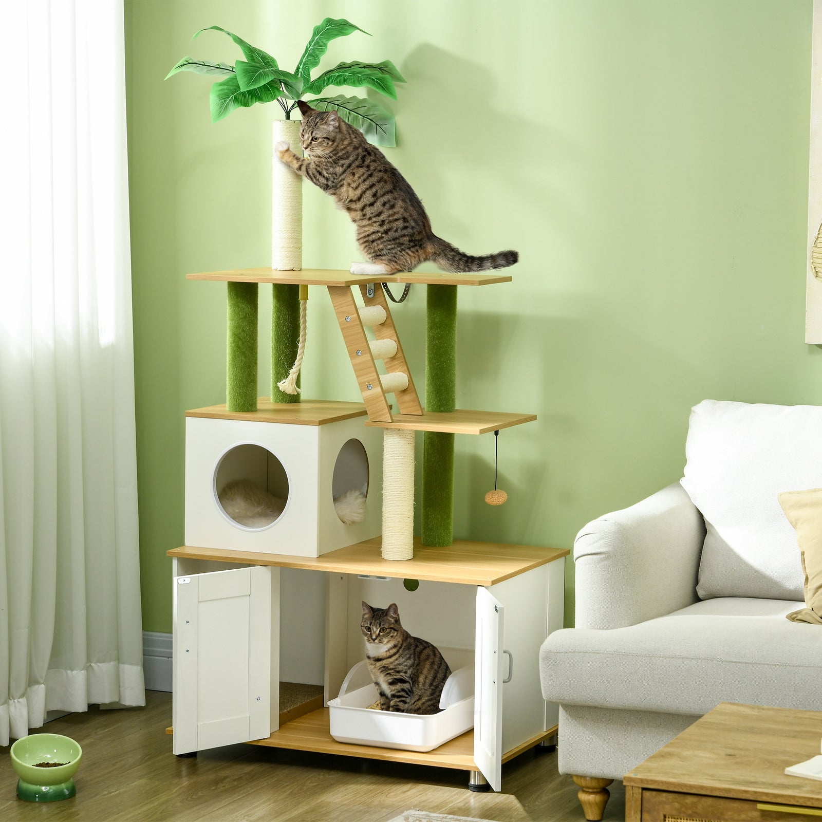 2 In 1 Hidden Litter Box With Green Leaf Cat Tree, Indoor, Oak