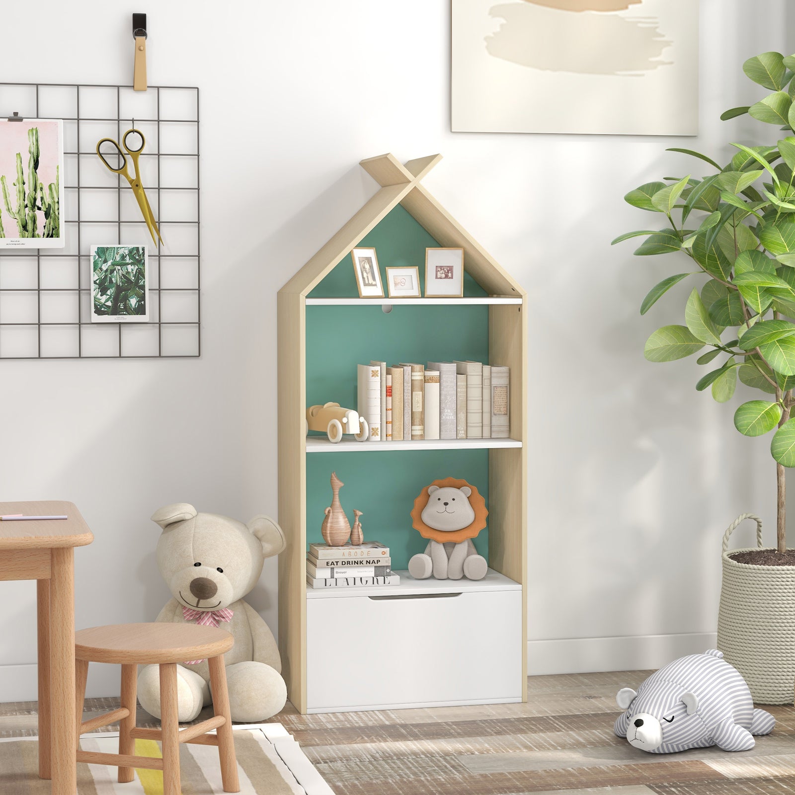 Kids Bookshelf With 3 Shelves, Drawer, Anti-tip Device, For Kids Room