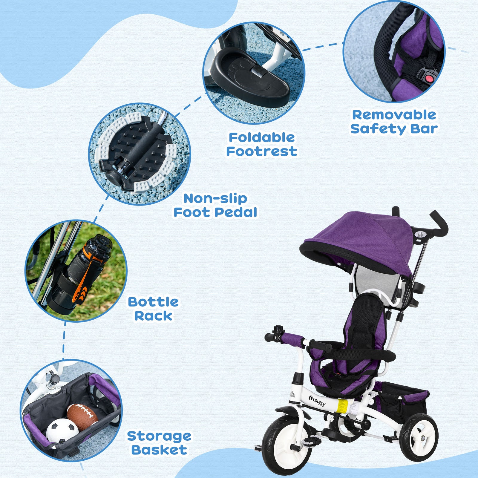 6 In 1 Kids Trike, Stroller With Parent Handle | Purple