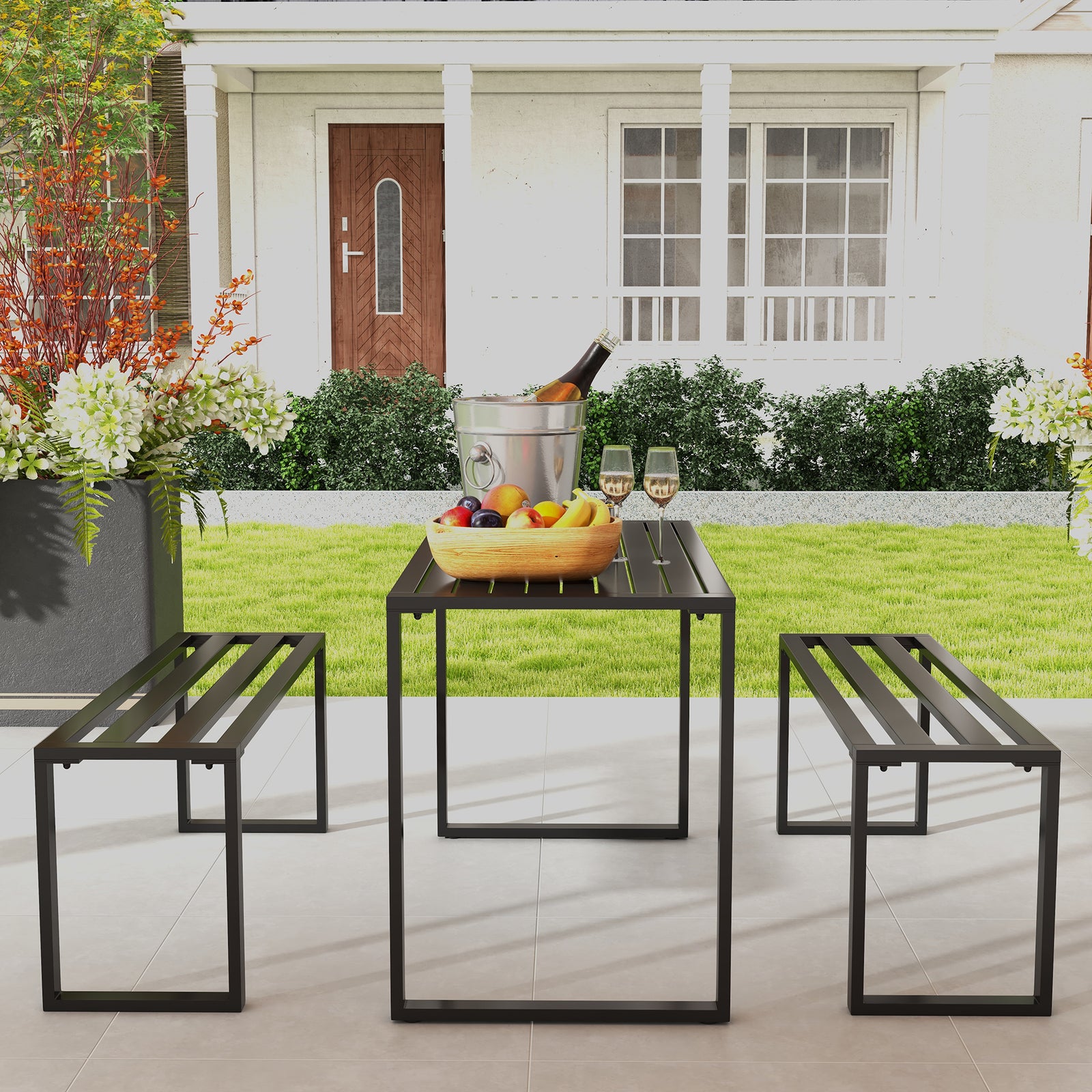 3 Pieces Picnic Bench Set With Table And Benches, Black