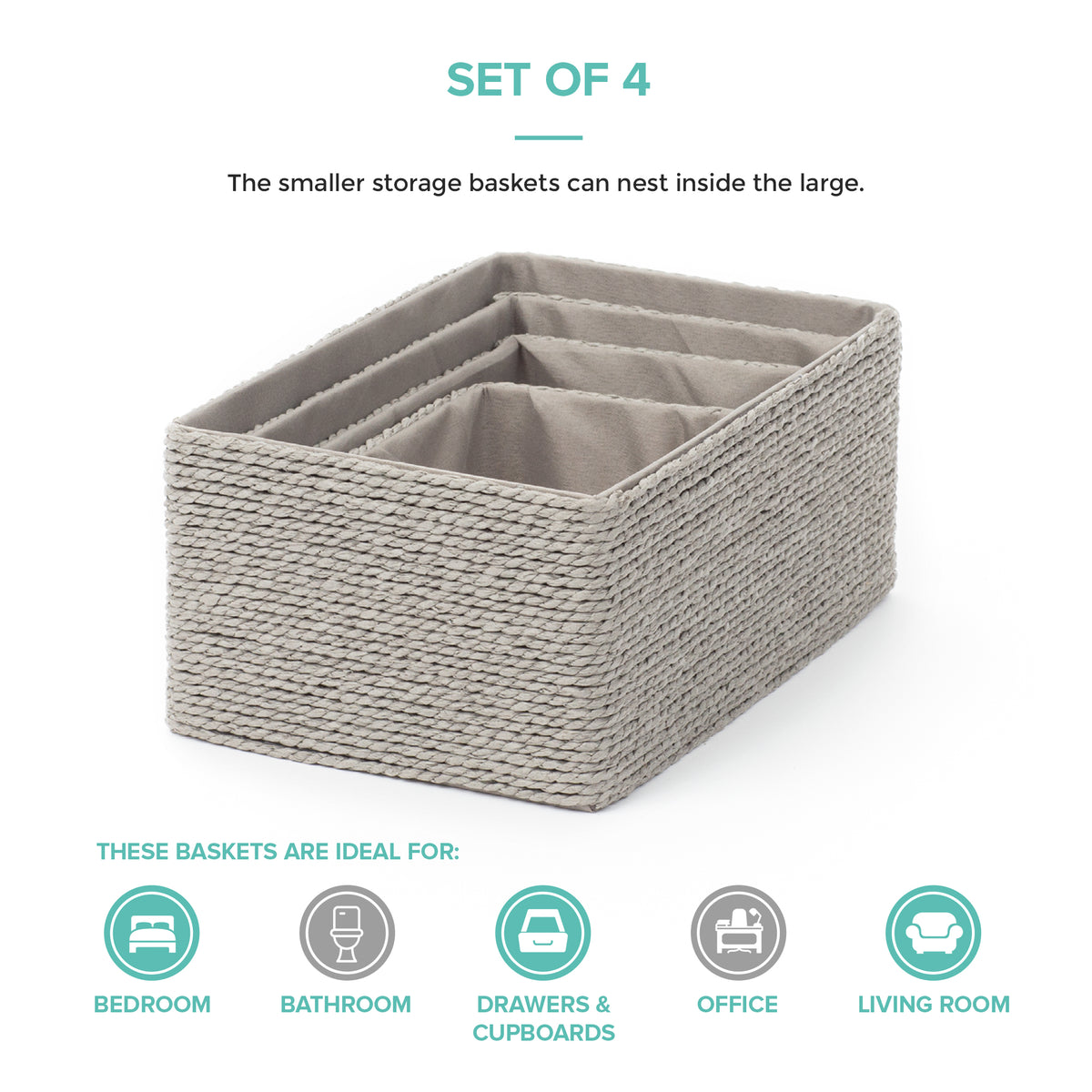 Livivo Set Of 4 Woven Paper Rope Storage Baskets