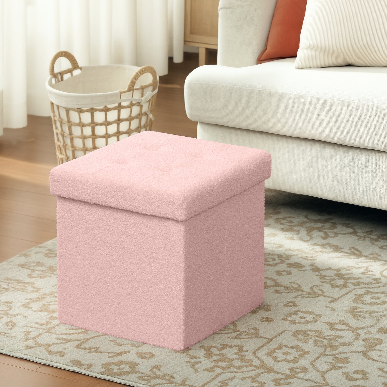 Foldable Sherpa Fleece Storage Ottoman, 38 x 38 x 38cm | Pink