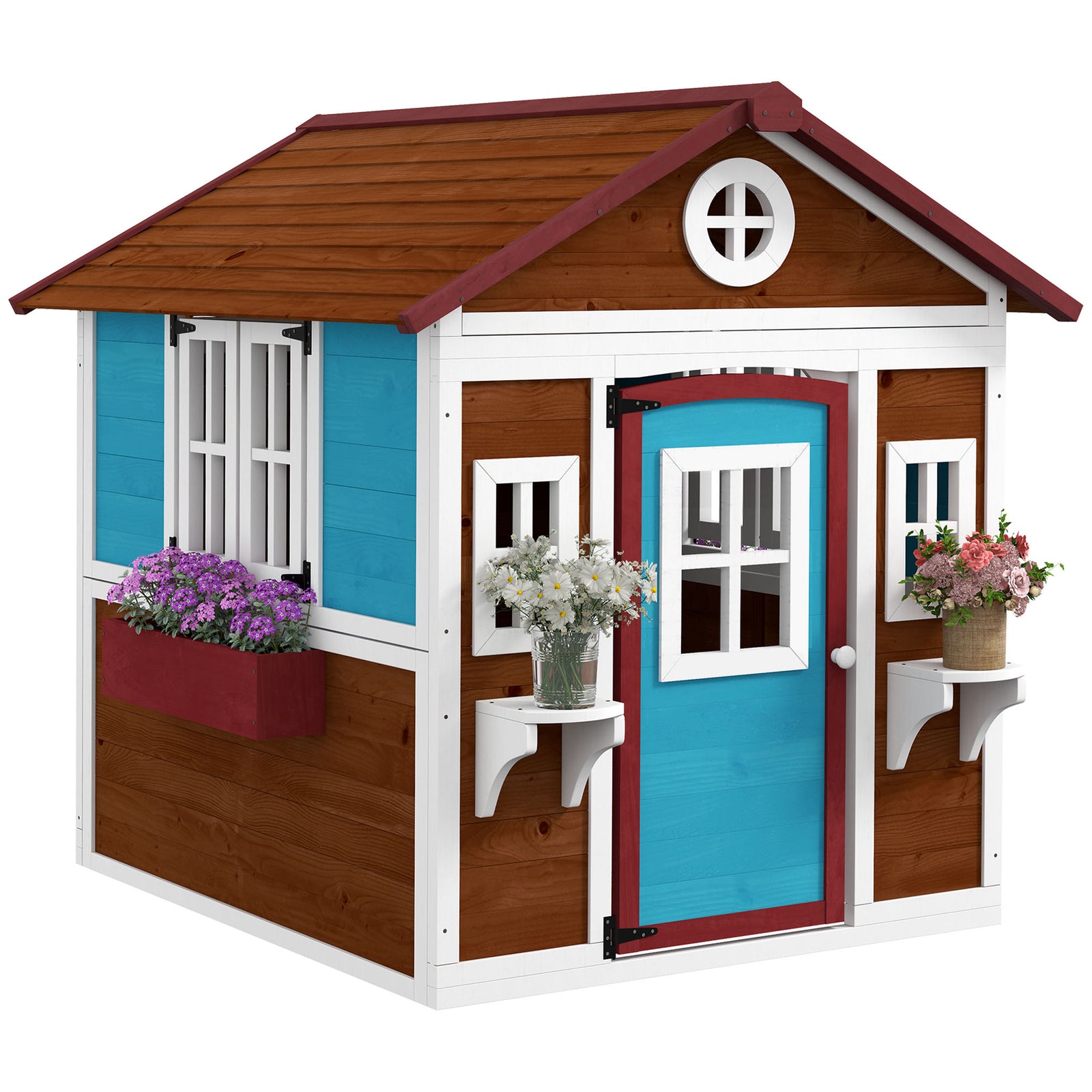 Wooden Playhouse With Doors, Windows, Plant Pots For Kids | Brown