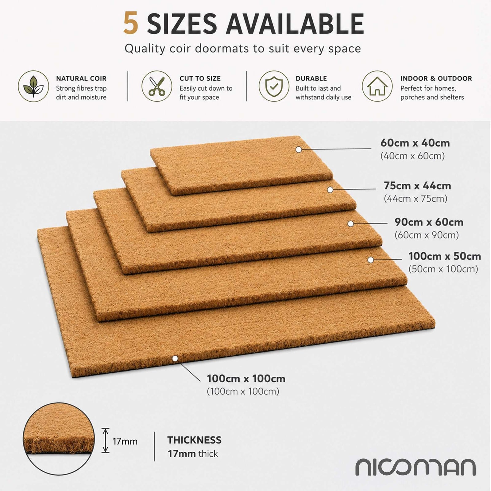 Natural Coconut Coir Plain Door Mat | 75cm x 44cm | Brown