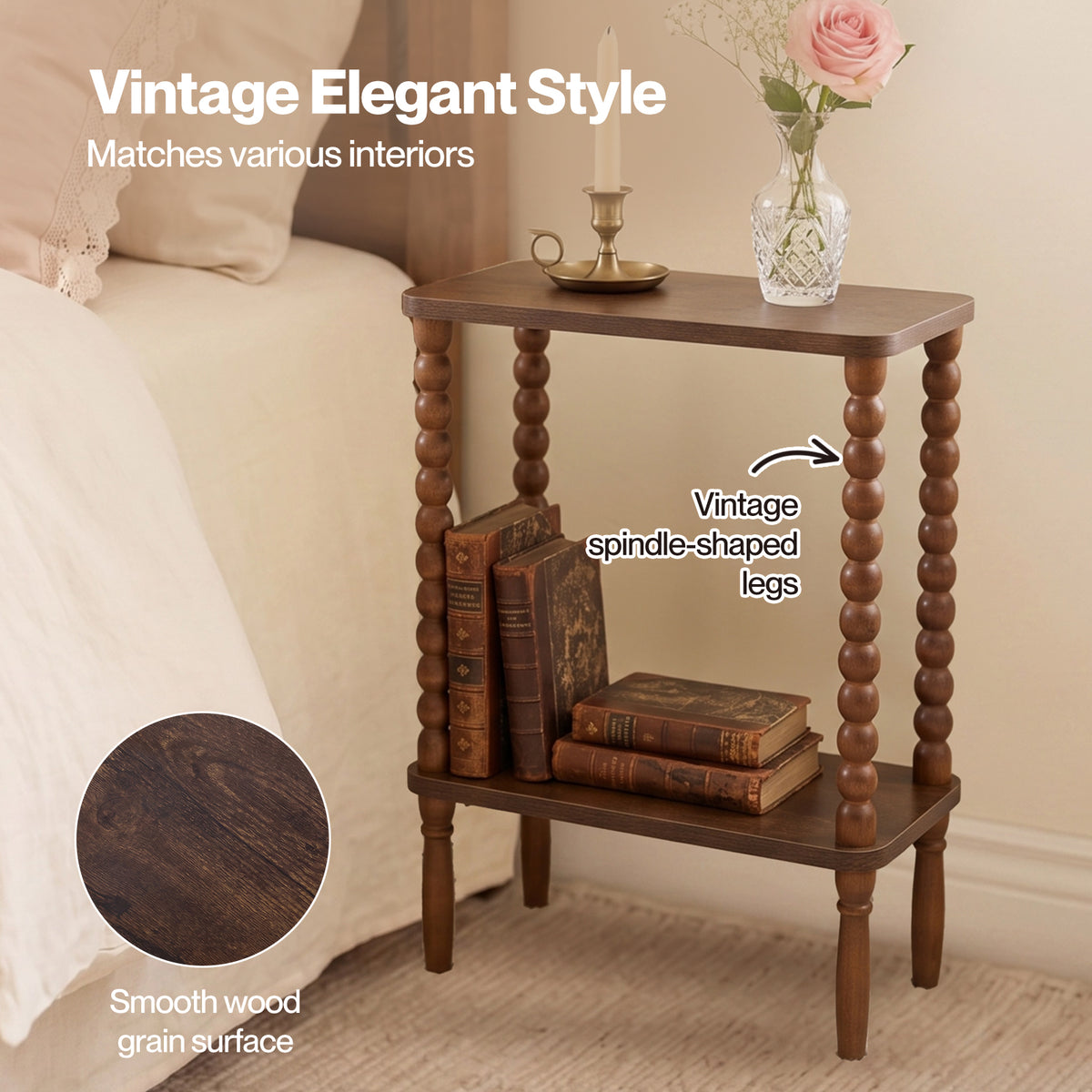 Levede Narrow Side Table 2 Tier Storage Mdf End Table Rubber Wood Legs Brown