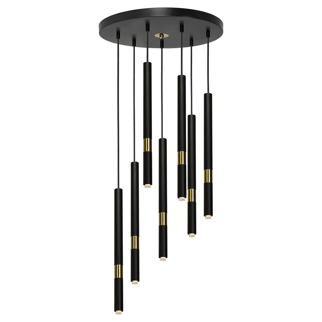 Monza Designer Black Pendant Lamp (7xg9) High Quality Hand Made From Matt Black Alloy With Luxurious Gold Detail