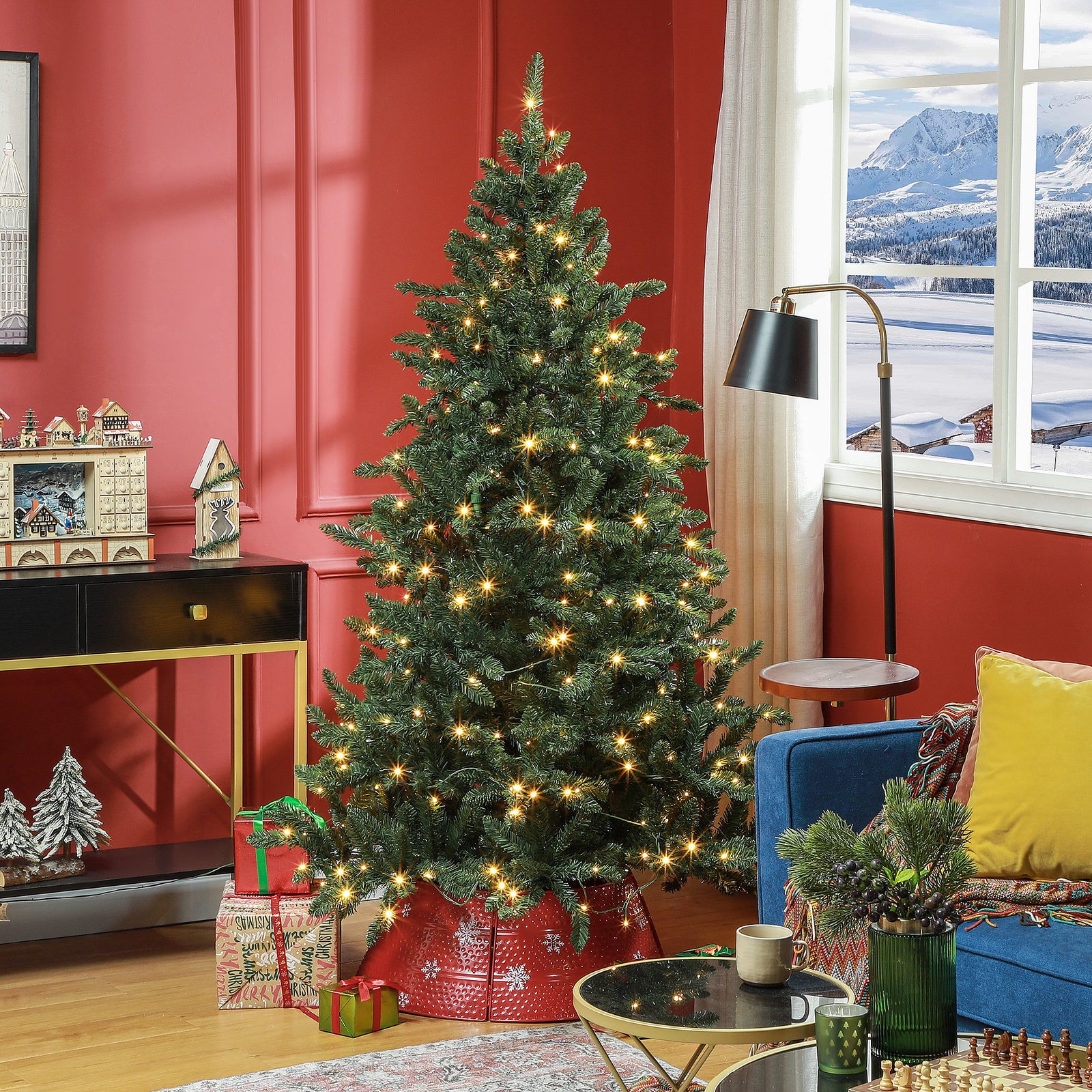 6ft Artificial Christmas Tree With Warm White Led Light, Metal Base