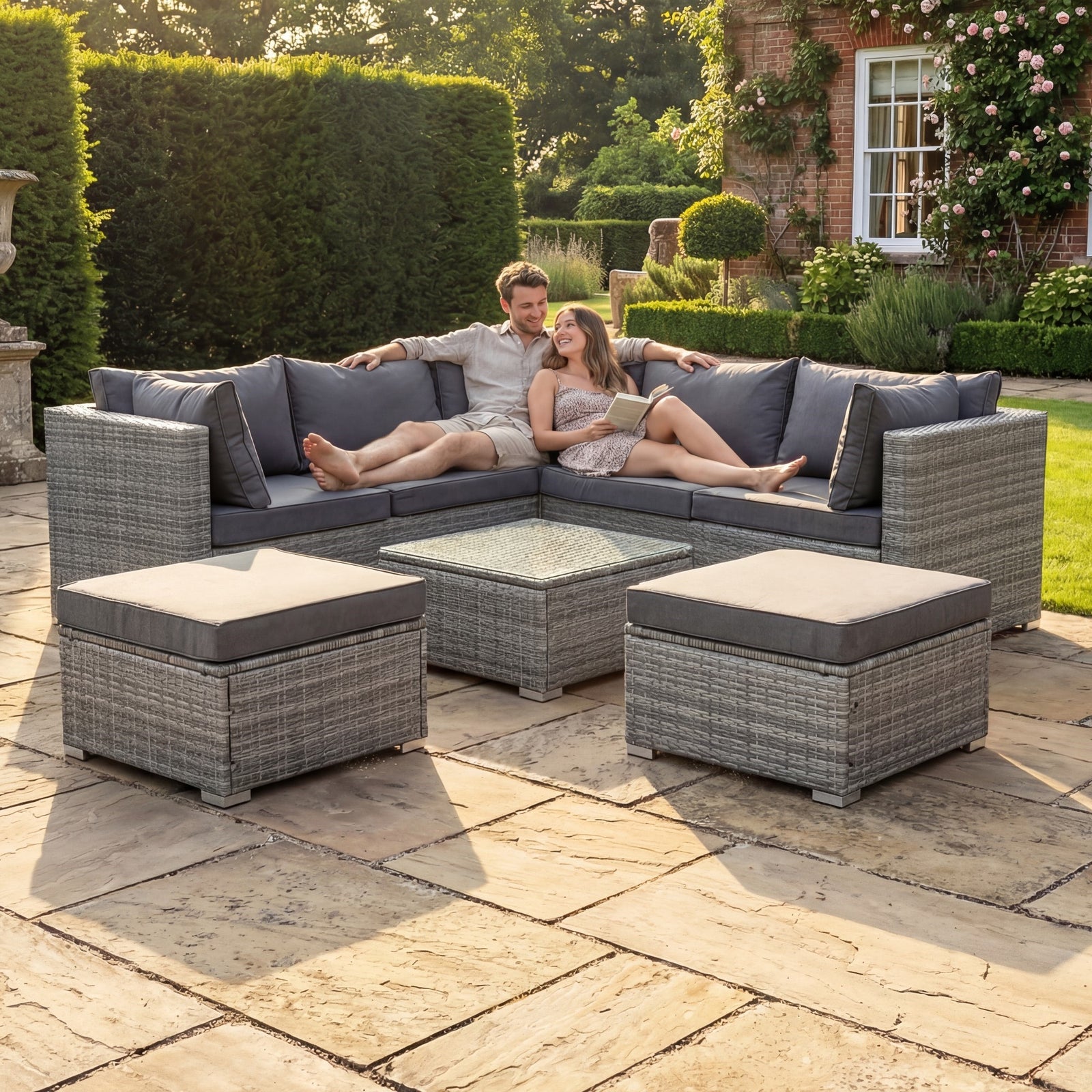 Oliena Modular Rattan L-shaped Corner Garden Furniture | 6 Piece | Grey