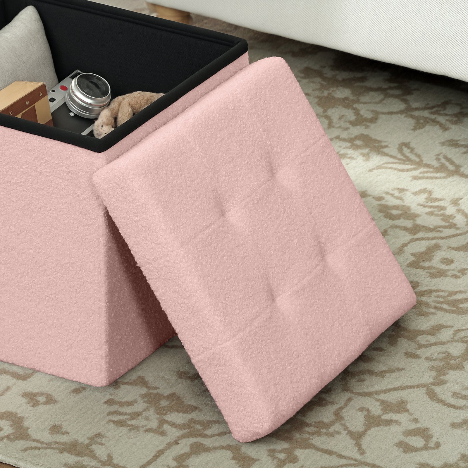 Foldable Sherpa Fleece Storage Ottoman, 38 x 38 x 38cm | Pink