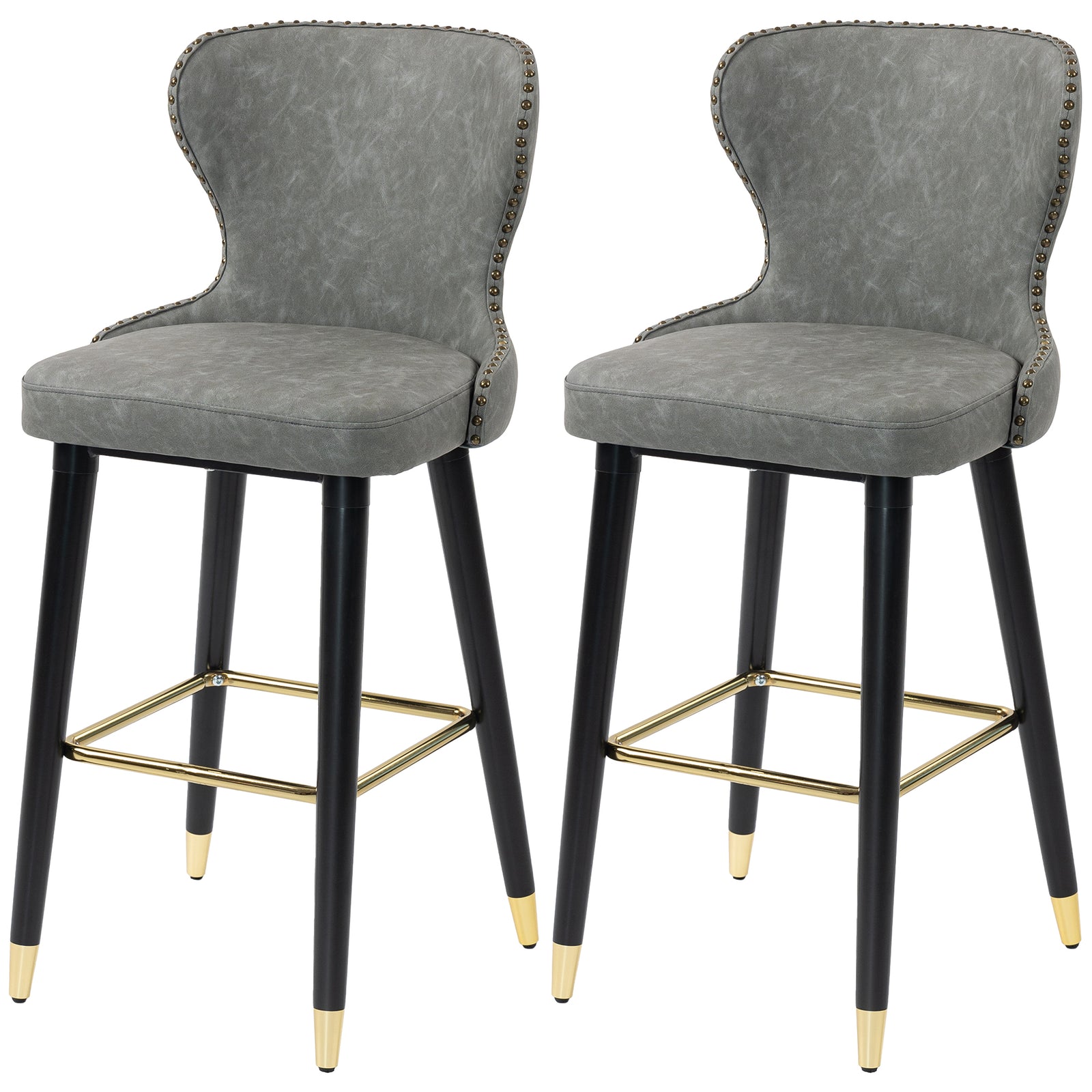 Bar Stools Set Of 2, Dining Stools With Backrest, Footrest, Grey