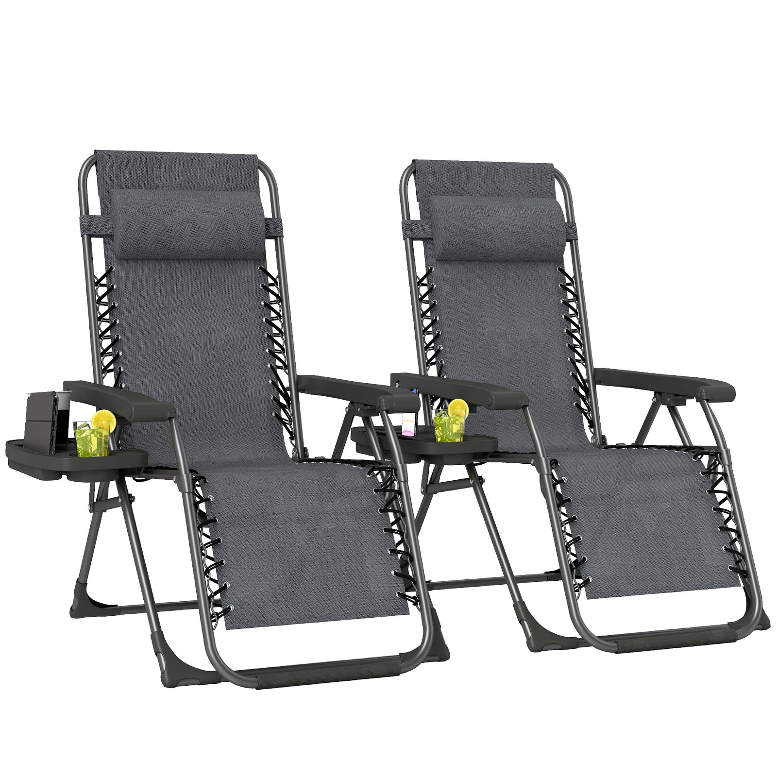 Zero Gravity Chairs Set Of 2 With Cup Holder, Headrest | Grey