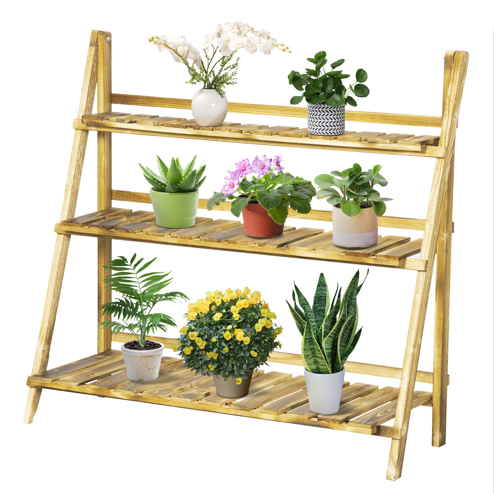 Flower Stand Plant Display Rack 3-tier Foldable Wood Garden | Extra Large | Brown