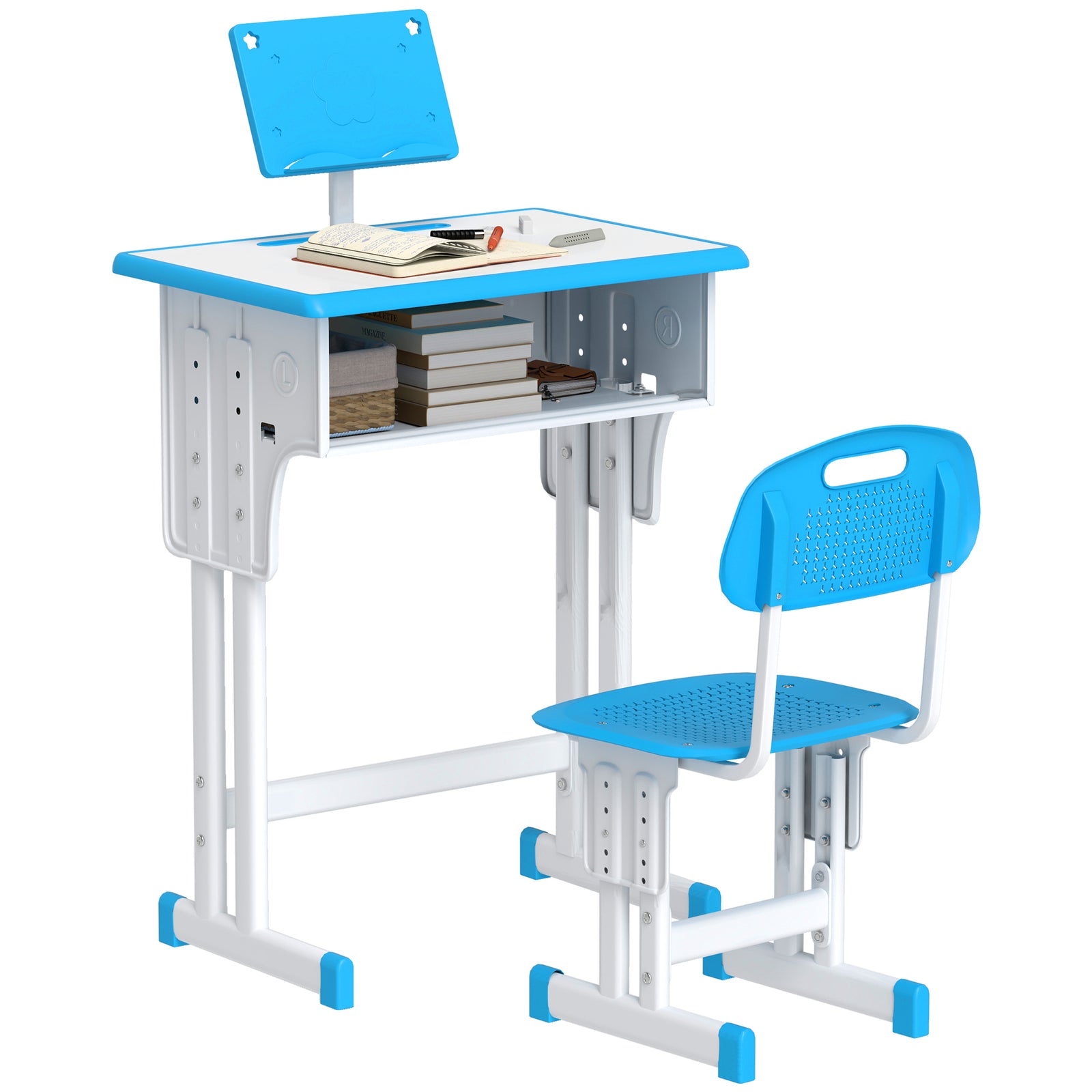 Kids Desk And Chair Set W/ Drawer, Book Stand, Pen Slot | Blue