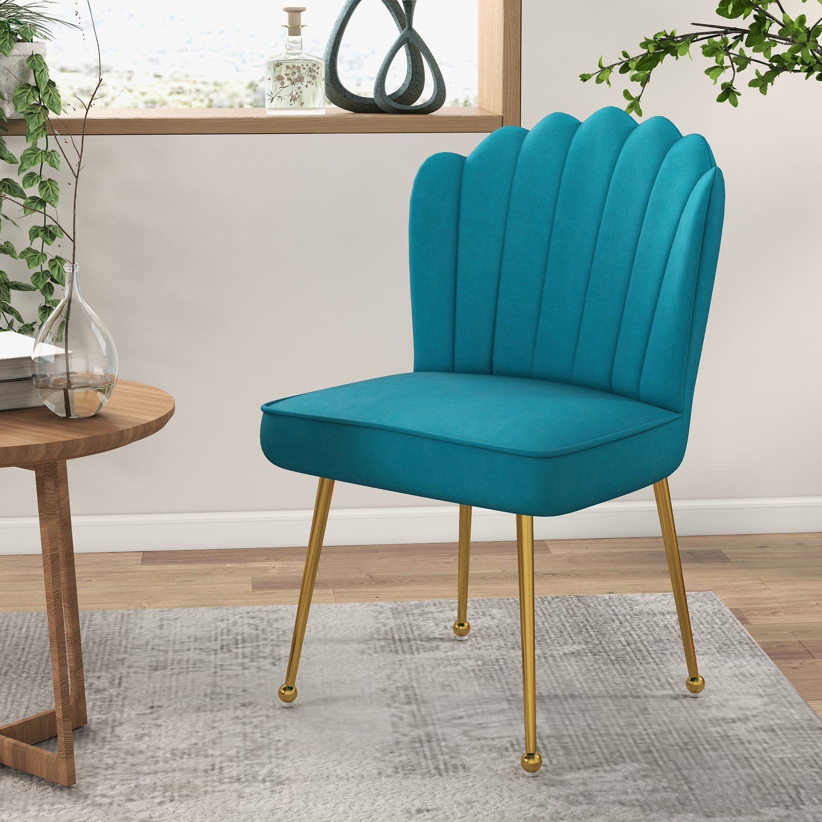 Velvet-feel Shell Accent Chair Bedroom Lounge Metal Legs | One Size | Blue