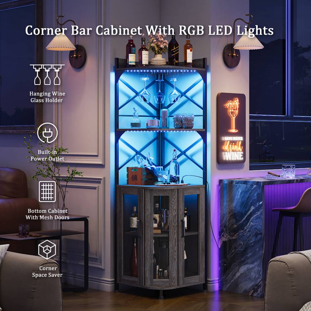 5-tier Corner Bar Cabinet With Built-in Power Outlet And Led Lights | Grey