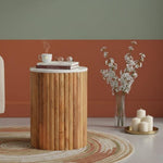 Fluted Marble Side Table In Solid Wood – Light Brown Finish