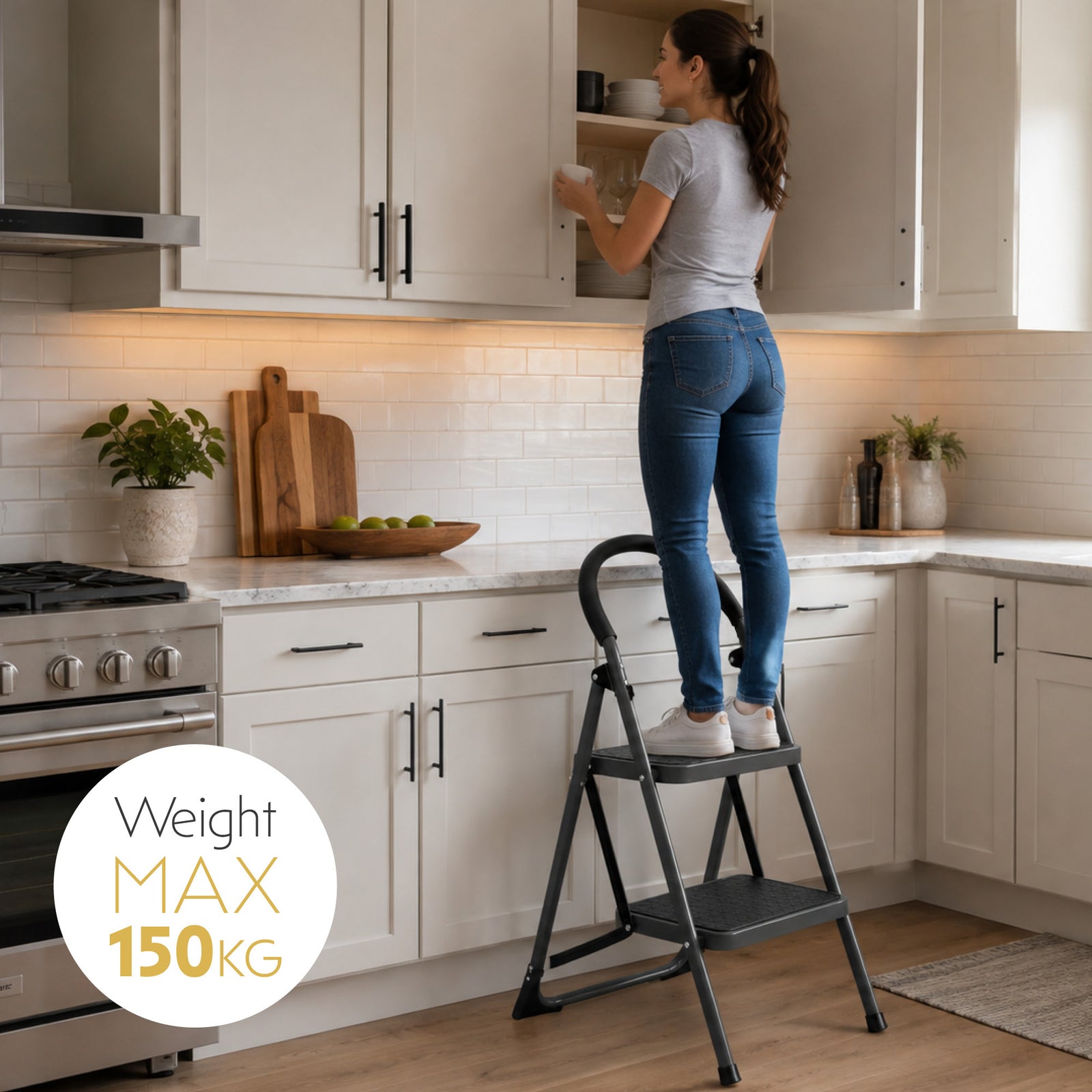 Step Ladder Premium Heavy-duty Steel Folding Step Stool 150kg Capacity | 2 Step | Grey