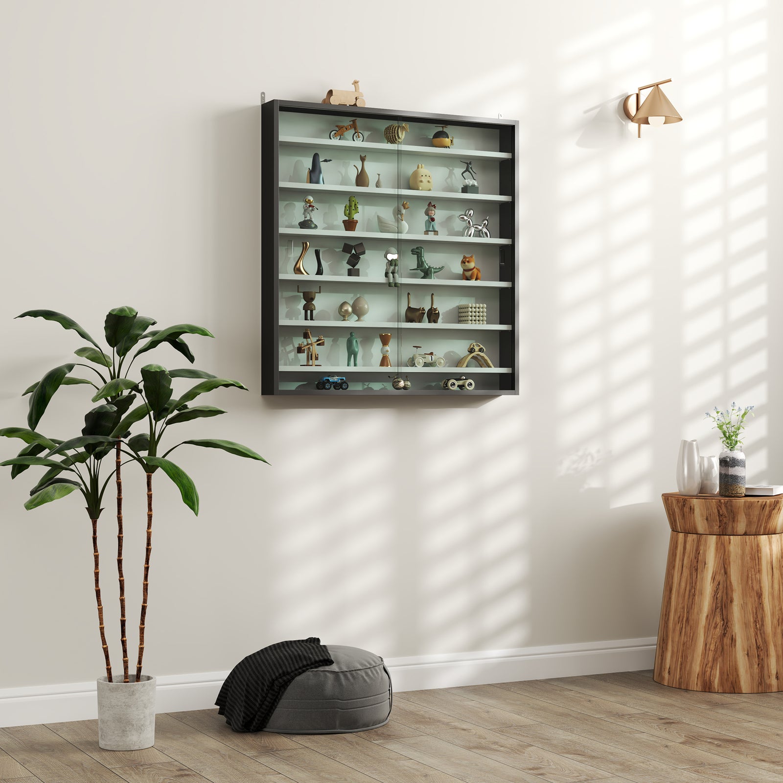 7-tier Wall Display Cabinet W/ Shelves Glass Doors | Gray
