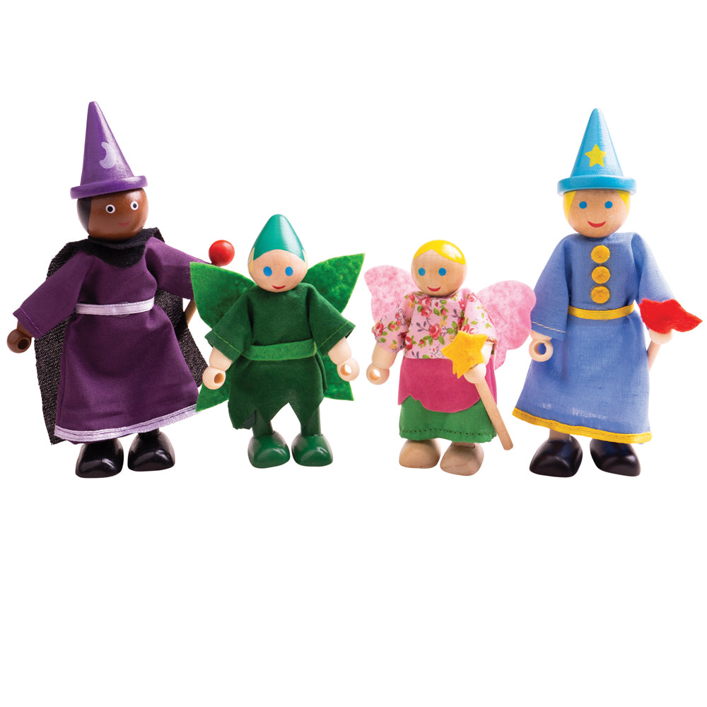4 Wooden Fantasy Figures, Witch, Wizard, Pixie & Fairy
