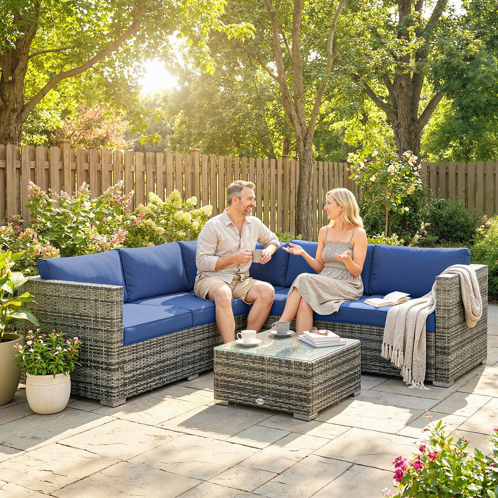 4 Pieces Rattan Garden Furniture Sofa Set With Coffee Table | Blue
