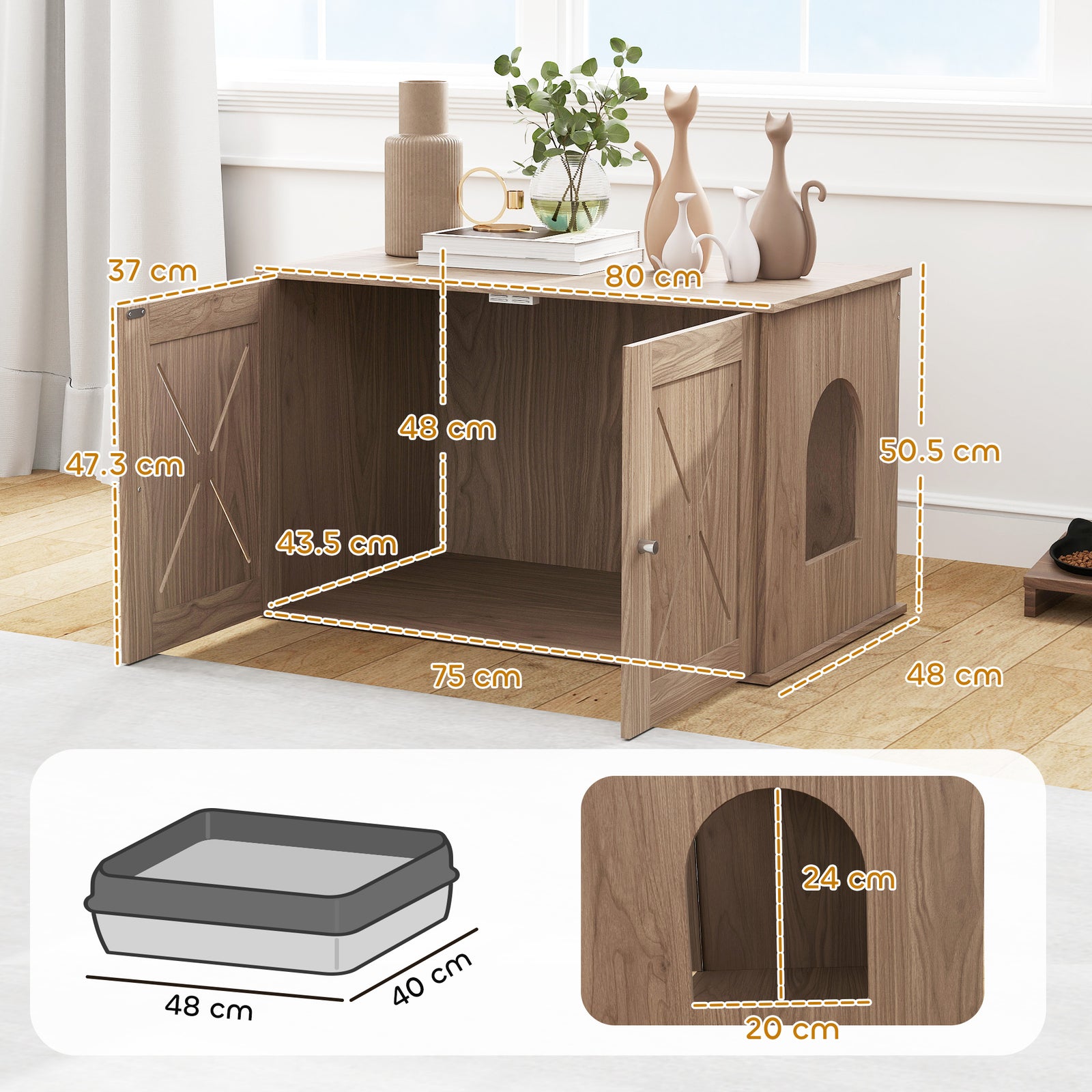 Cat Litter Box Enclosure, Litter Box Furniture With Doors And Hole, Walnut Brown