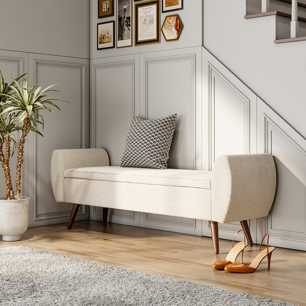 Teddy Fur Upholstered Storage Bench Upholstered Ottoman Seat With Hidden Compartment, 151cm Wide Hallway Or Bedroom Bench