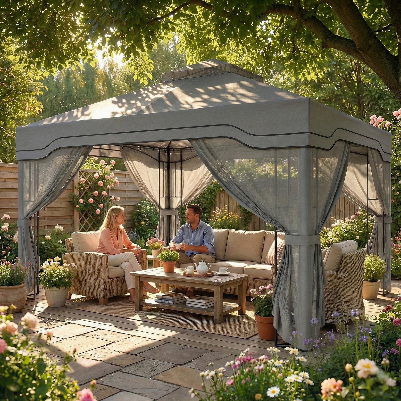 3 X 3.6 M Garden Gazebo With Shelves, Upf50+ Permanent Gazebo | Dark Grey