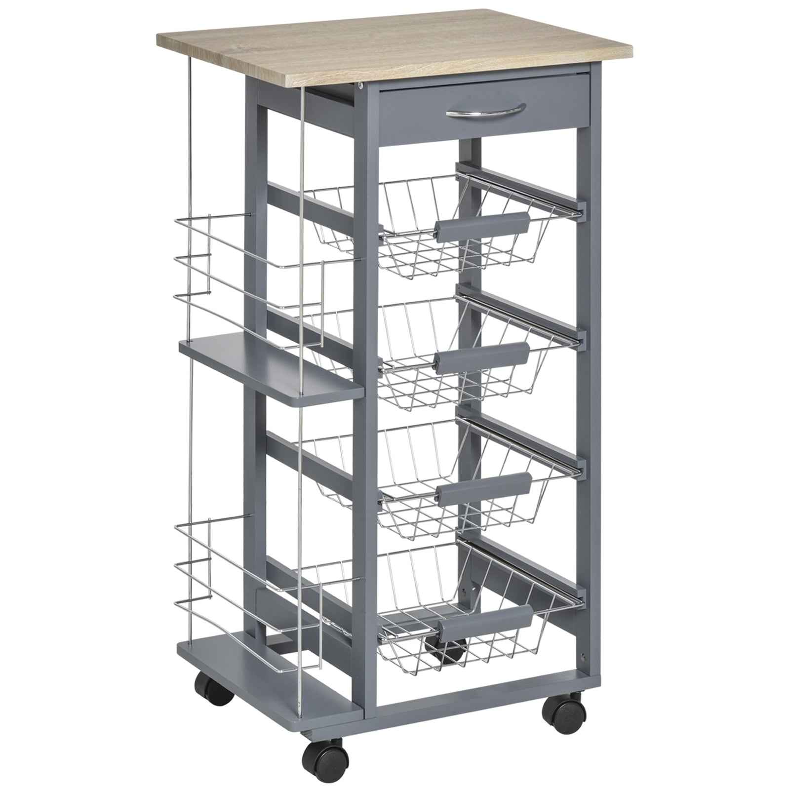 Kitchen Island Trolley W/ 4 Baskets 2 Side Racks Drawer