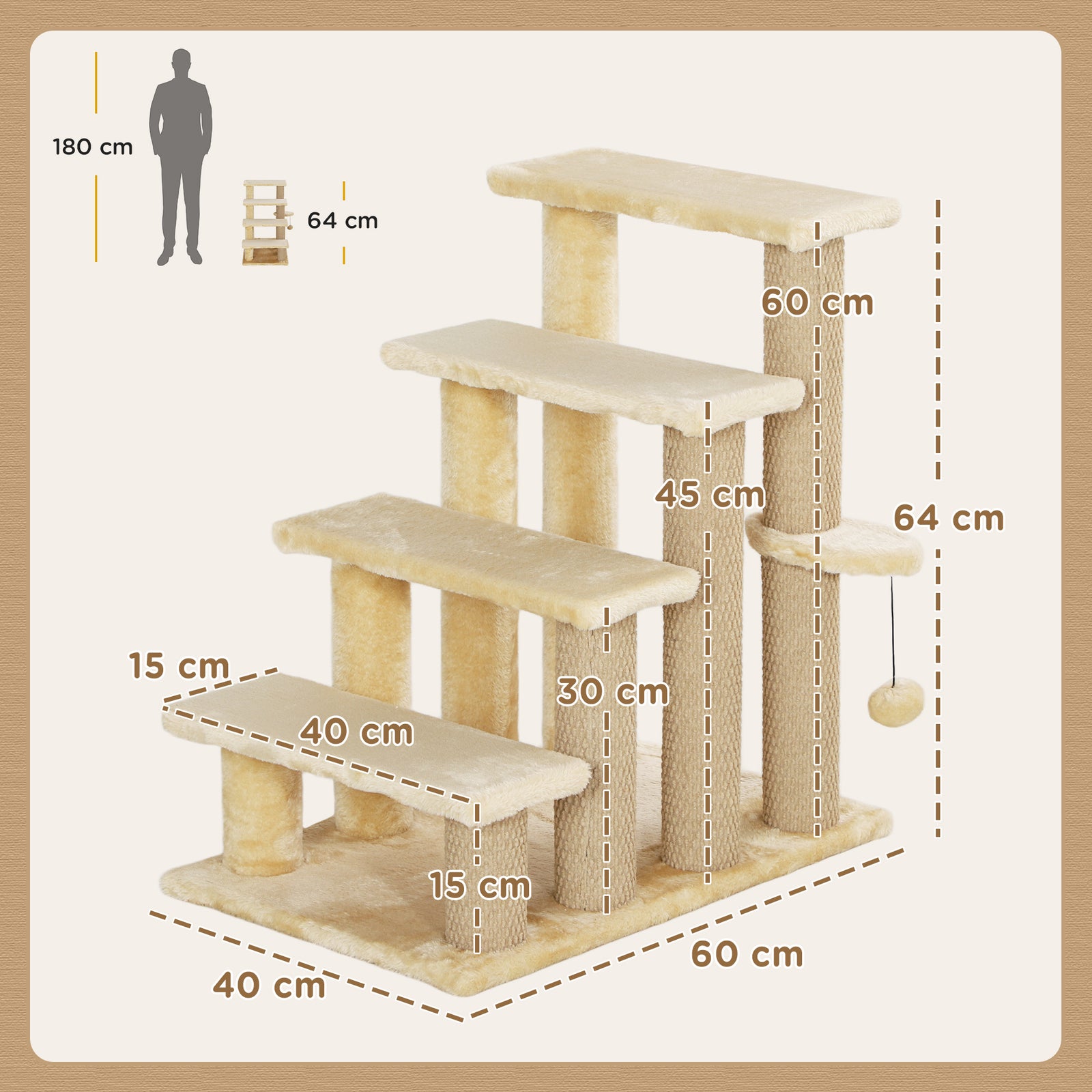 PawHut Pet Stairs With 4-step Stair, Scratching Posts, Platforms, Toy Ball