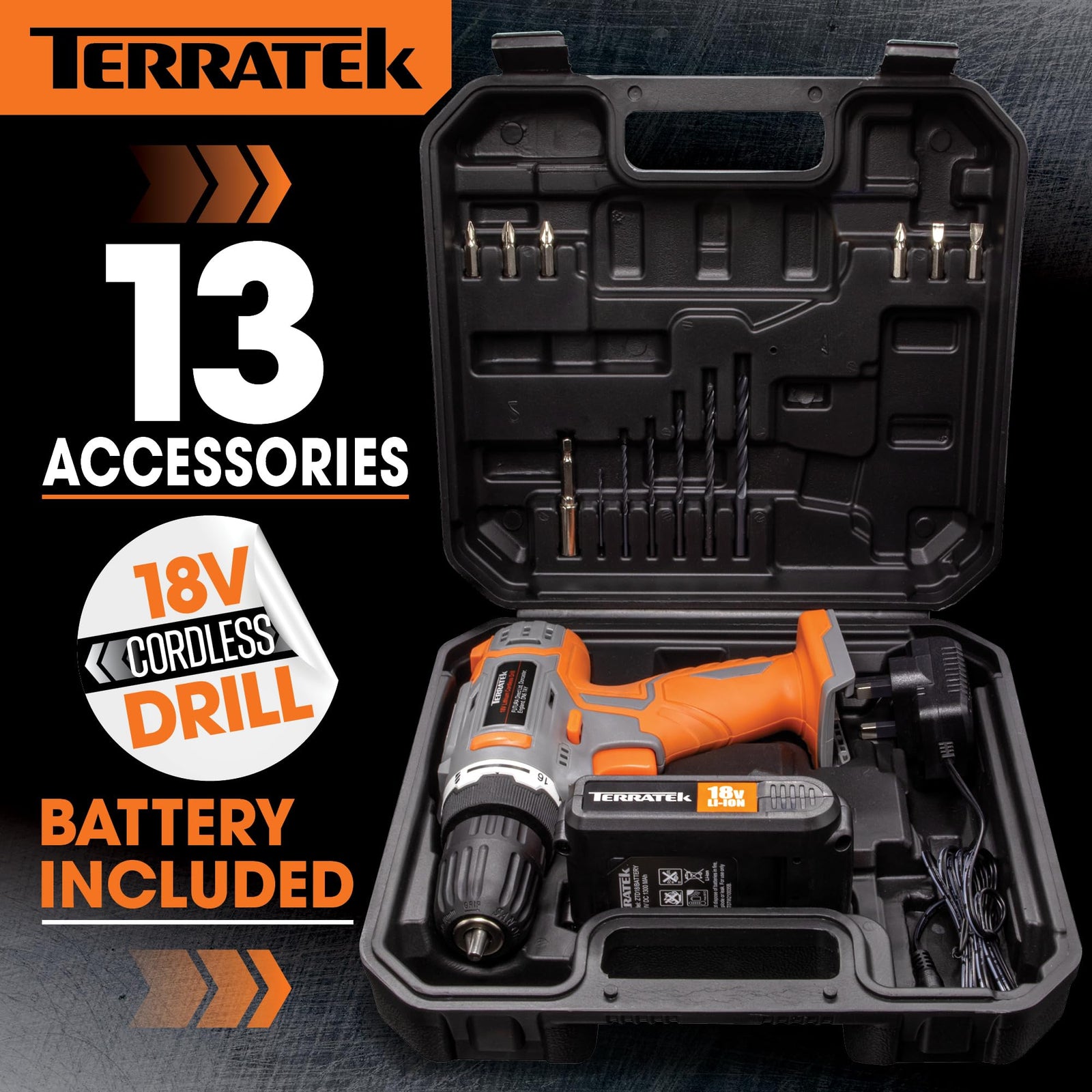 18v Cordless Power Drill And Screwdriver Set & Drill Bit 13 Piece Kit Li-ion Battery, 1 Hr Fast Charge | 13 Piece Kit – 1x Battery + Charger + Carry Case | Grey
