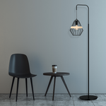 Cliff Black Floor Lamp Hand Made Matt Black Cage Style Lamp With Natural Wood Detail