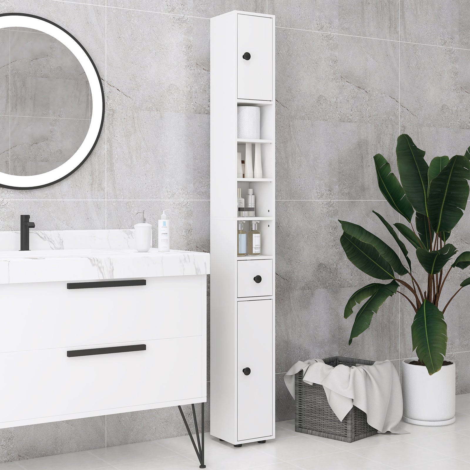 Slim Bathroom Cabinet, Toilet Roll Storage W/ Open Shelves | One Size | White