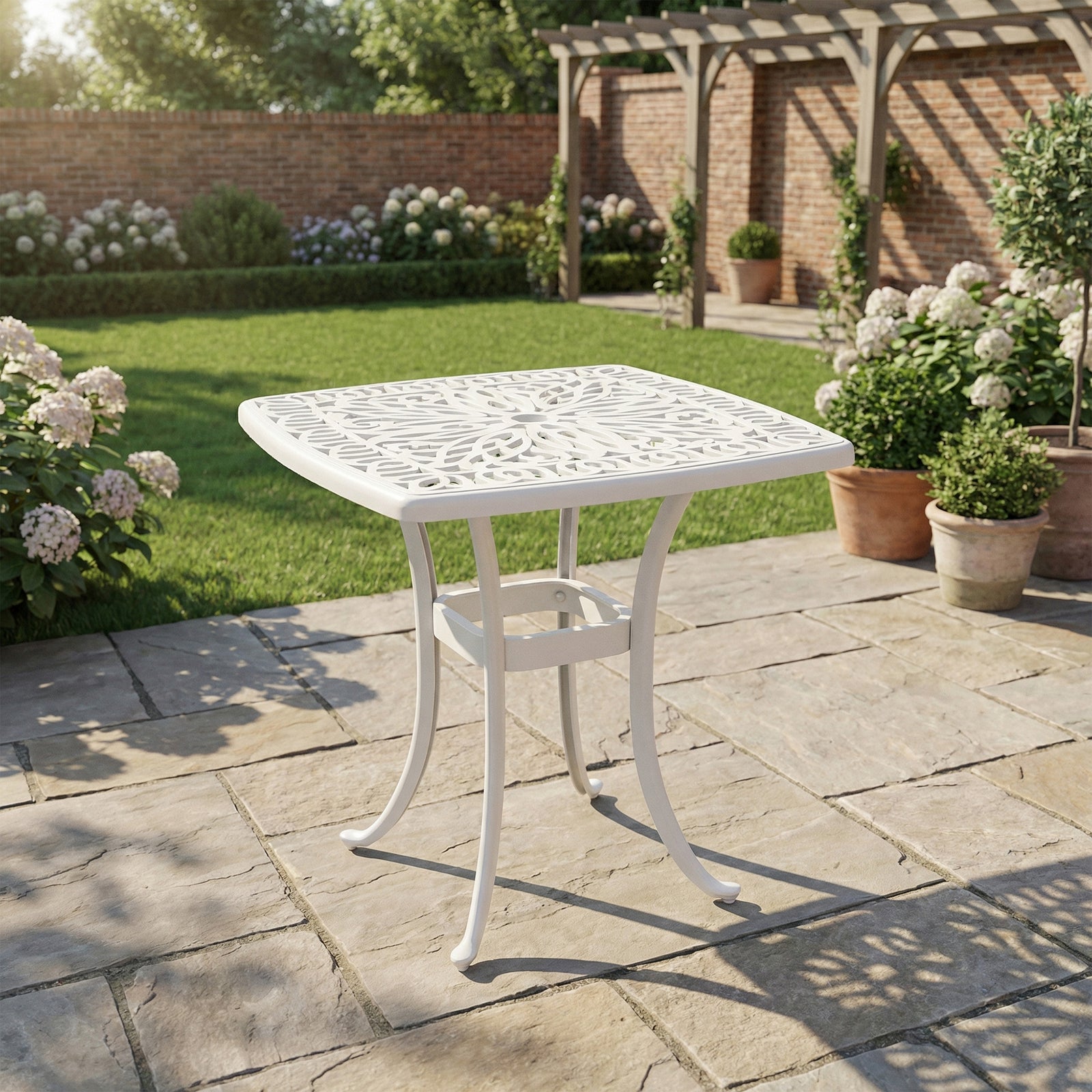 Outsunny 54 X 54cm Aluminium Outdoor Garden Side Table W/ Umbrella Hole, White