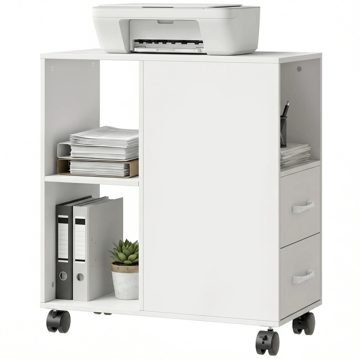 HOMCOM Mobile Printer Table With Drawers On Wheels For Home Office, White