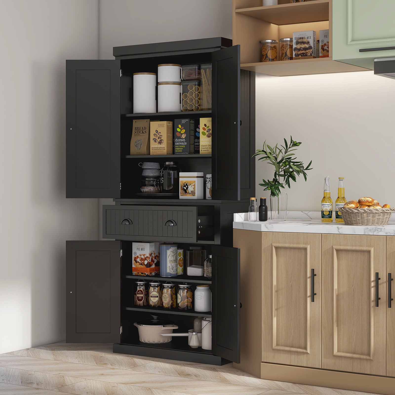 Kitchen Storage Cabinet W/ Drawers Cupboards Shelves Home | Black