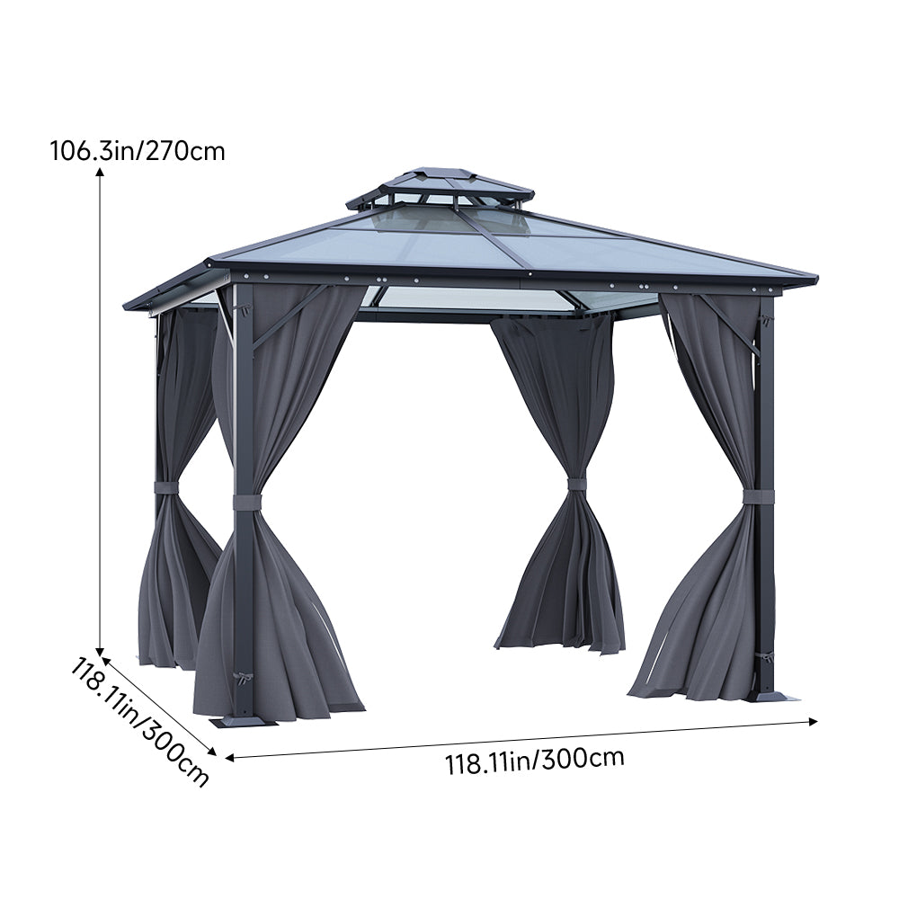 3x3m Hardtop Patio Gazebo With Curtains Metal Frame Outdoor Canopy Shelter 2.7m Height