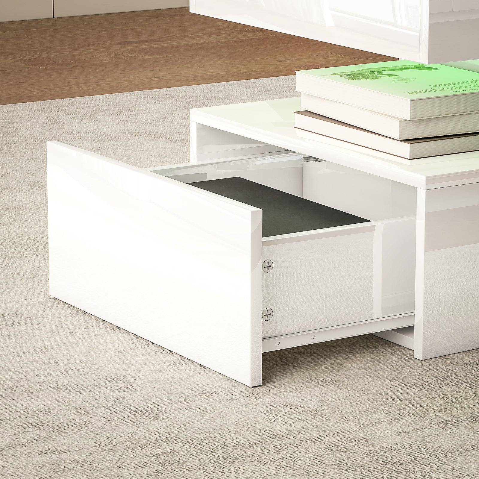HOMCOM Led Coffee Table With Storage, High Gloss Living Room Table, White