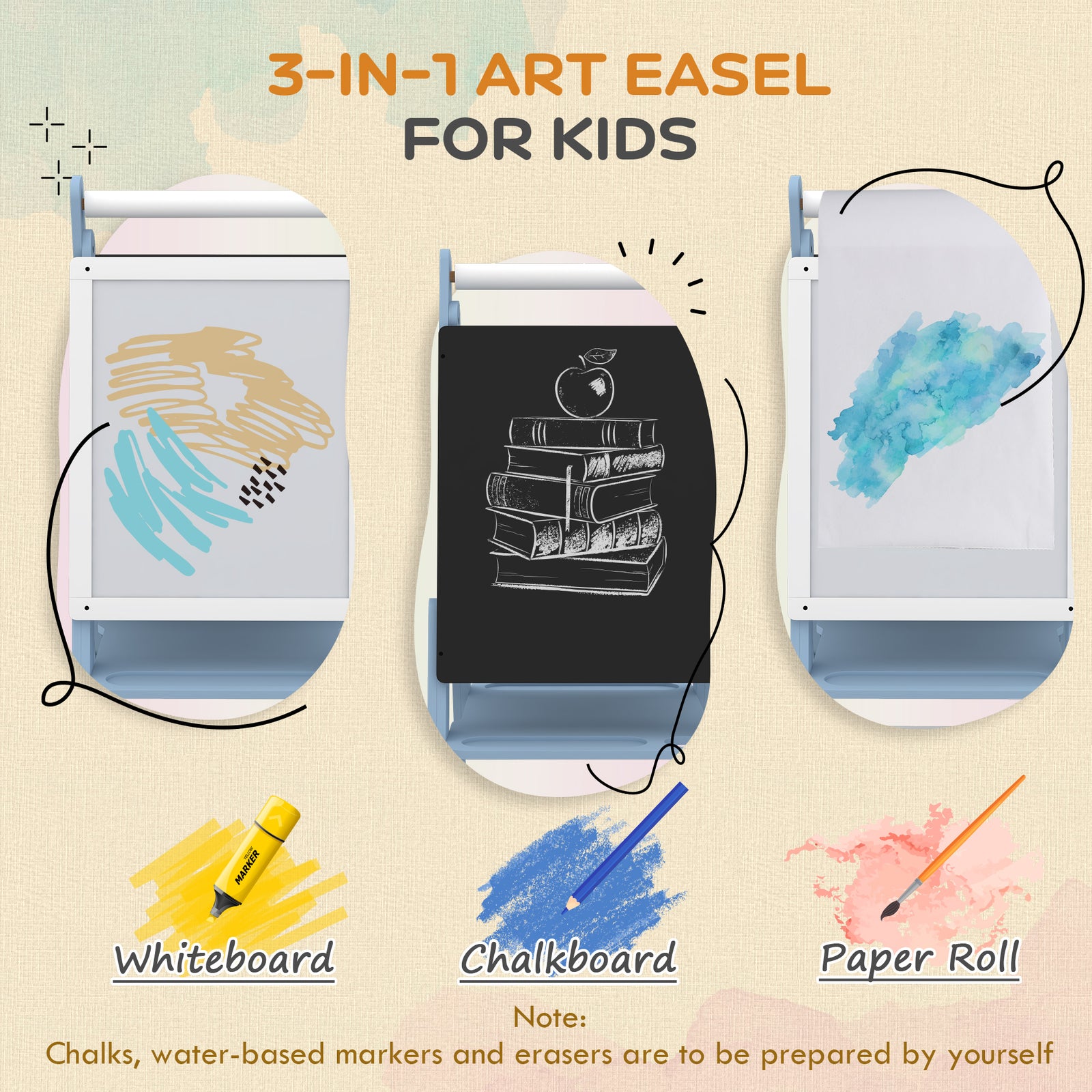 3 In 1 Easel For Kids, With Paper Roll, Adjustable Height | Blue