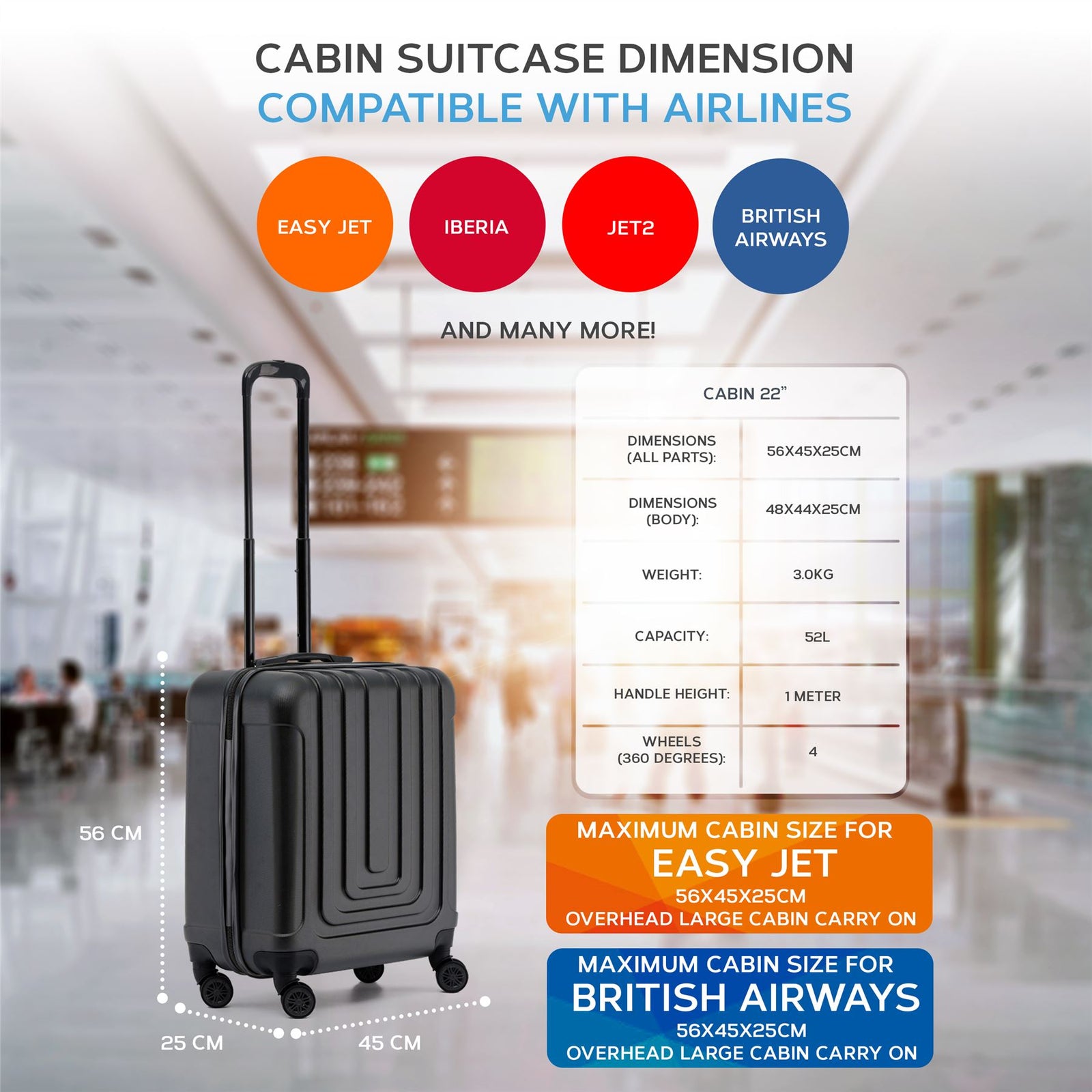 56x45x25cm Large Cabin Carry On Case - Overhead Luggage Suitcase - 4 Spinner Wheels - Abs Hard Shell Cabin Bag | Cabin | Black