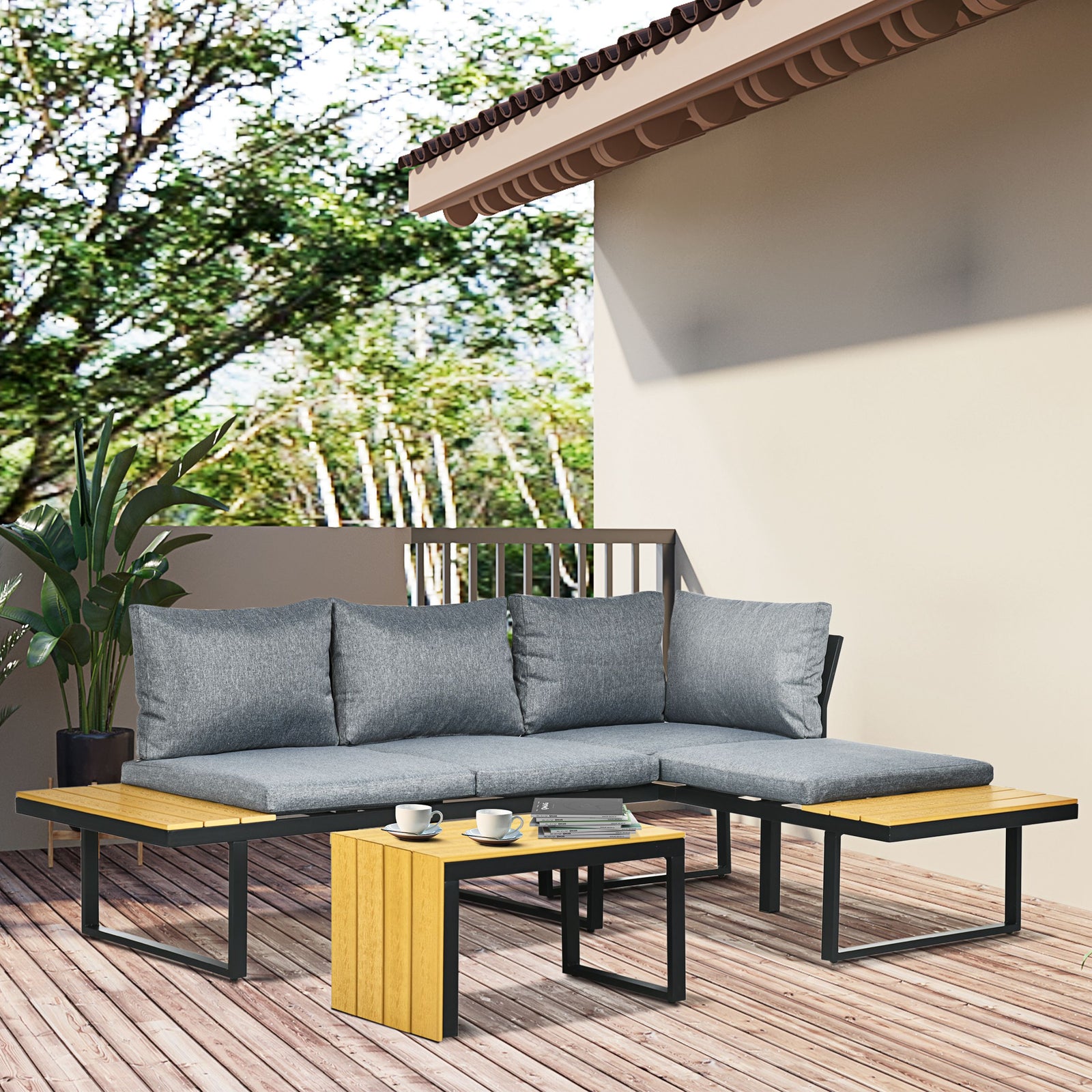3pcs Patio Set W/ Cushions, Plastic Top Table