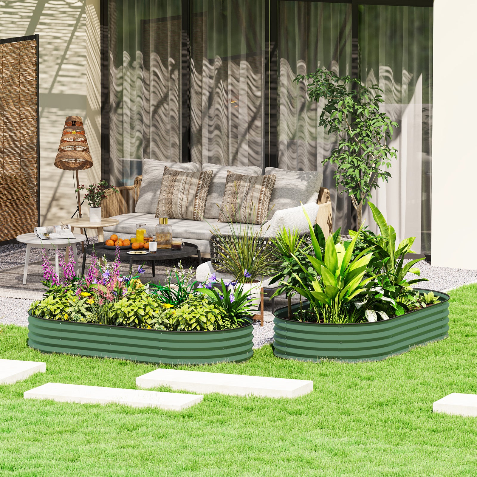 Set Of 2 Raised Beds For Garden W/ Metal Plant Stakes | Green