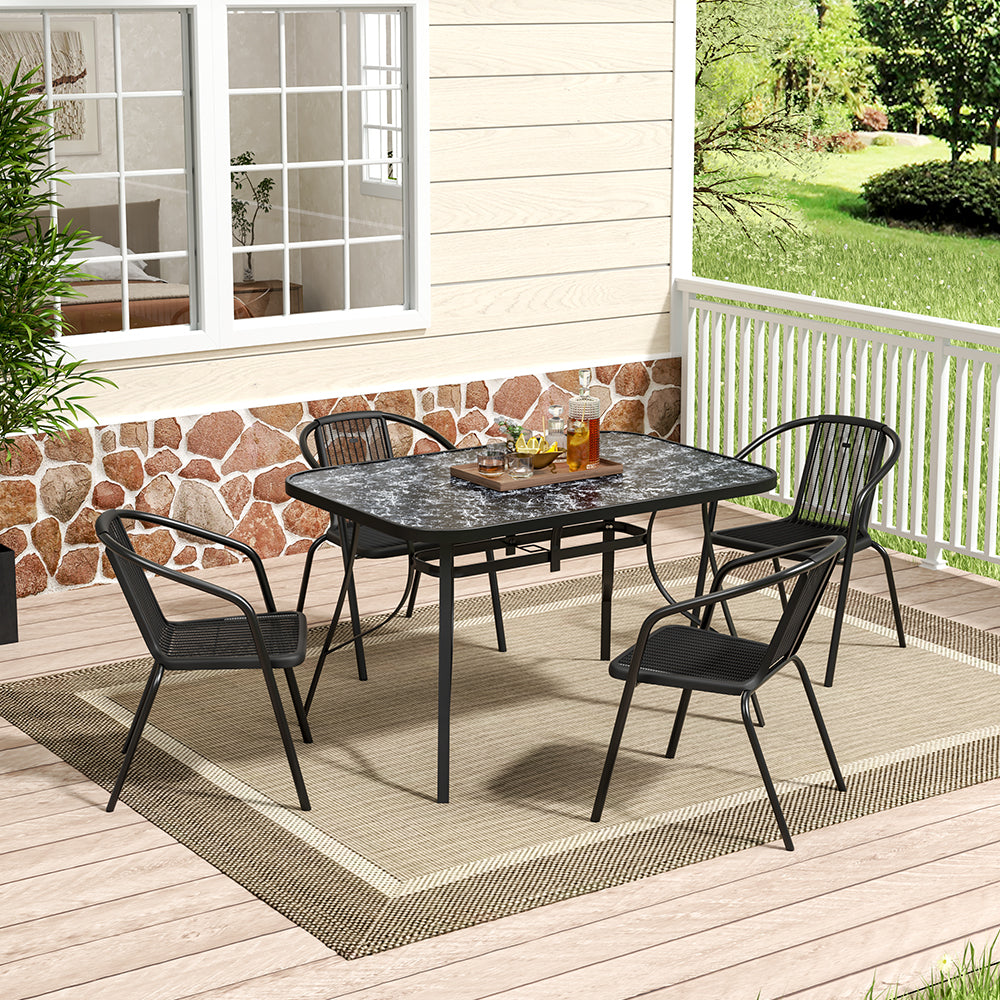 Garden Tempered Glass Rectangle Table With Set Of 4 Pe Rattan Chairs | Medium | Black