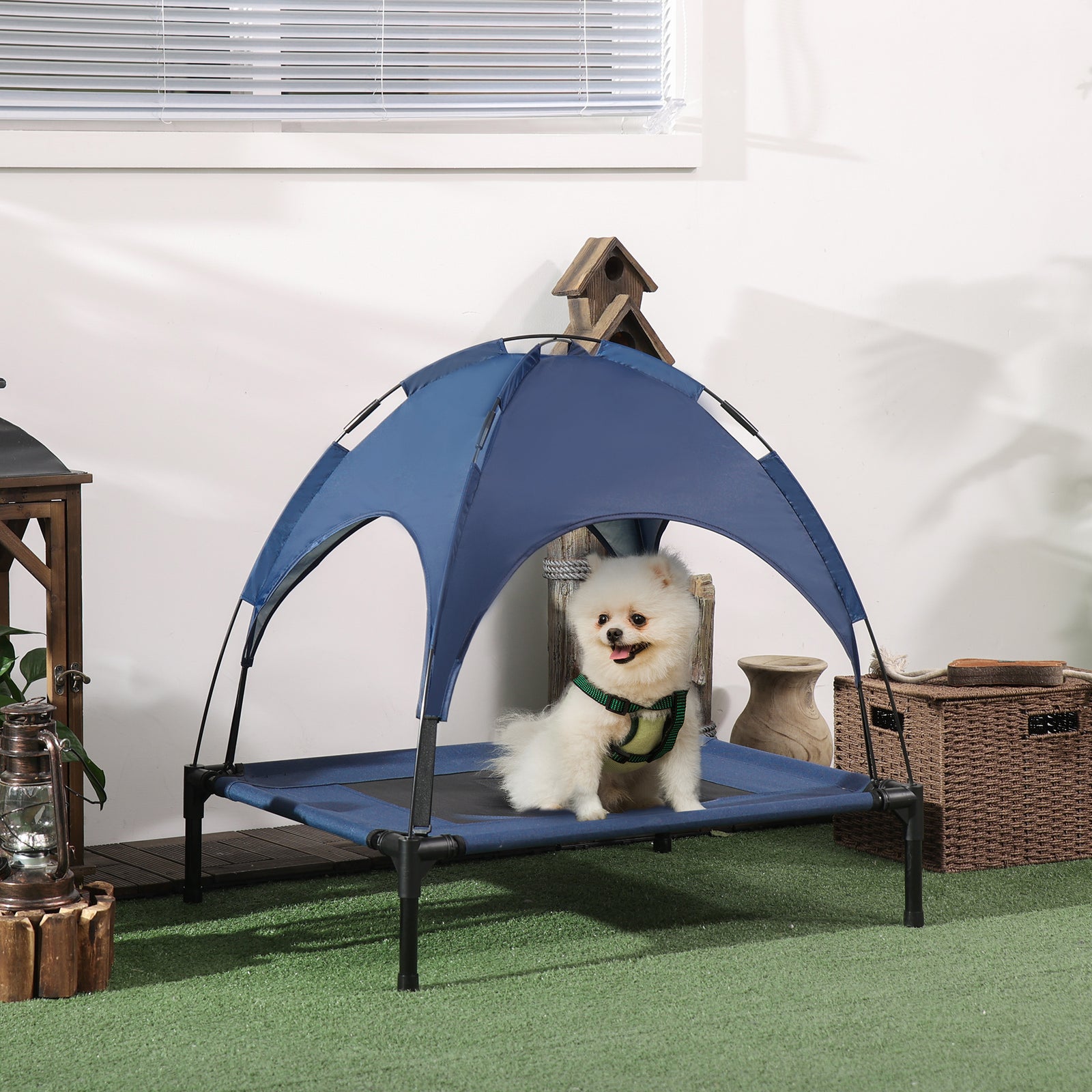 Pawhut 76cm Elevated Dog Bed Cooling Raised Pet Cot Uv Protection Canopy | Blue