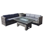 Malta Rattan 6 Seat Rising Firepit Corner Set | Walnut Grey
