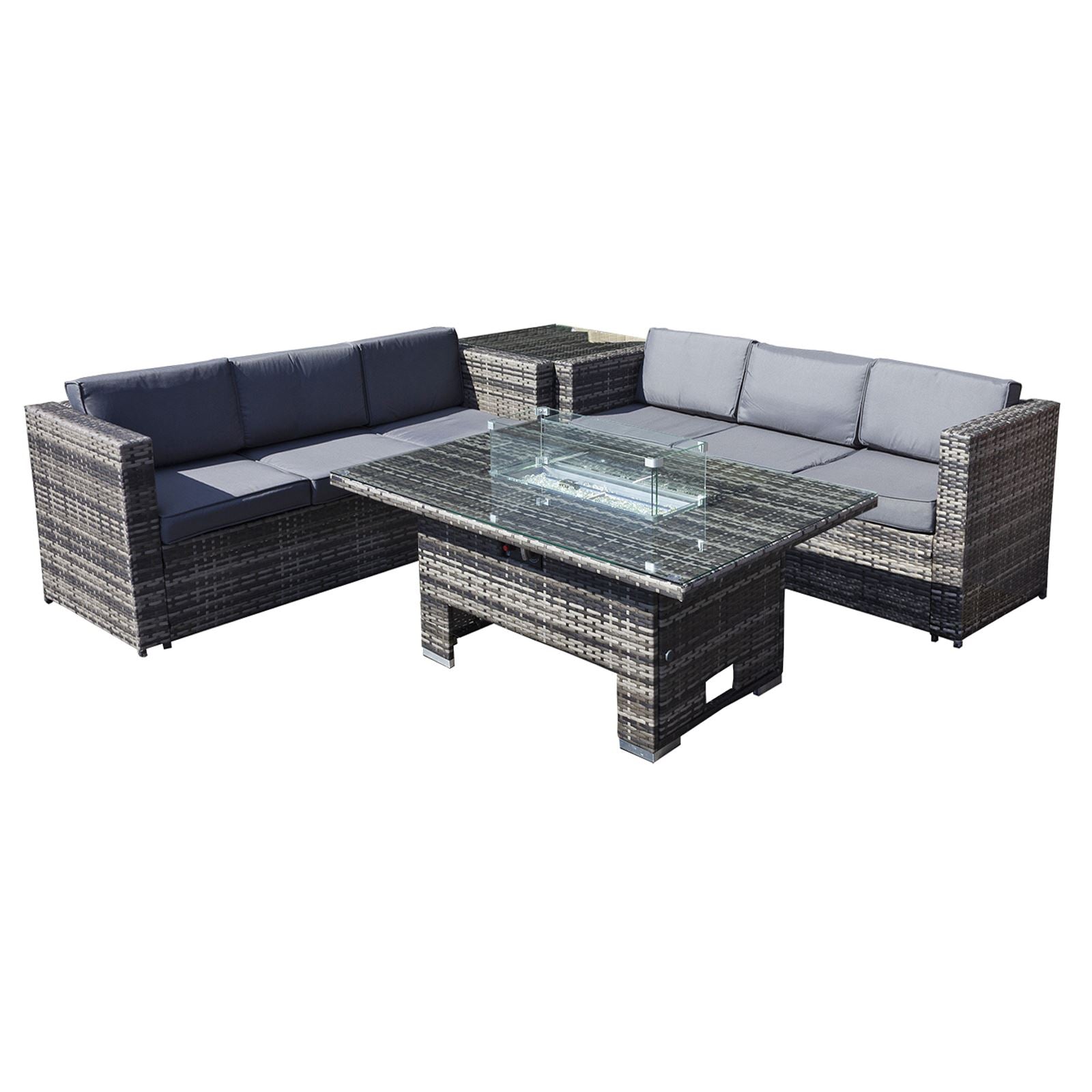 Malta Rattan 6 Seat Rising Firepit Corner Set | Walnut Grey