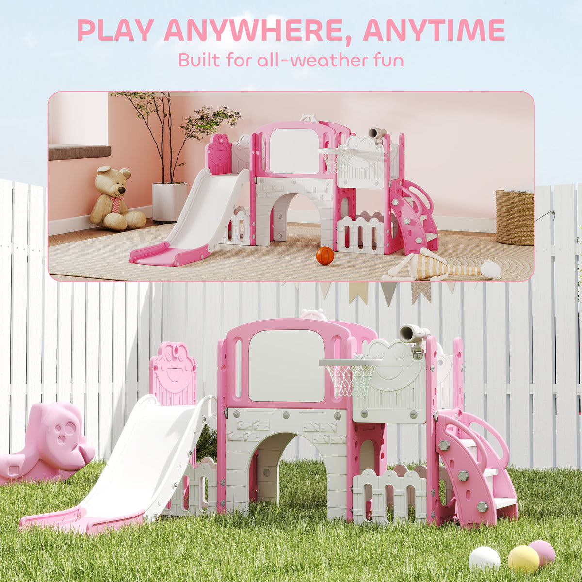 7 In 1 Toddler Slide Set, Frog Theme Playset With Basketball Hoop | Pink